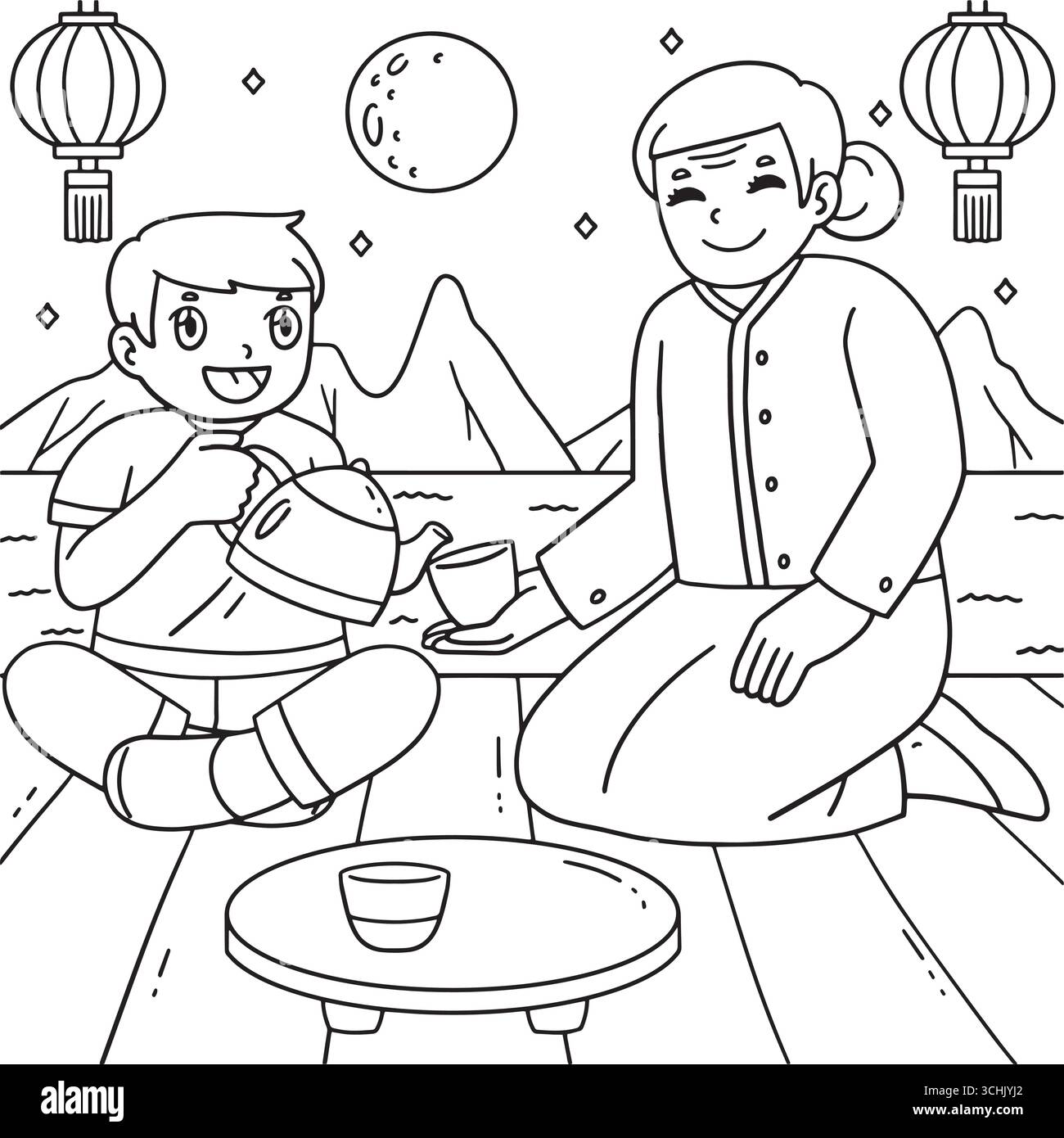 Festa di metà autunno nonna nipote che beve il tè Illustrazione Vettoriale