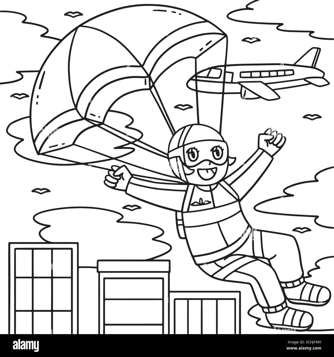Pilota donna con paracadute colorare pagina per bambini Illustrazione Vettoriale