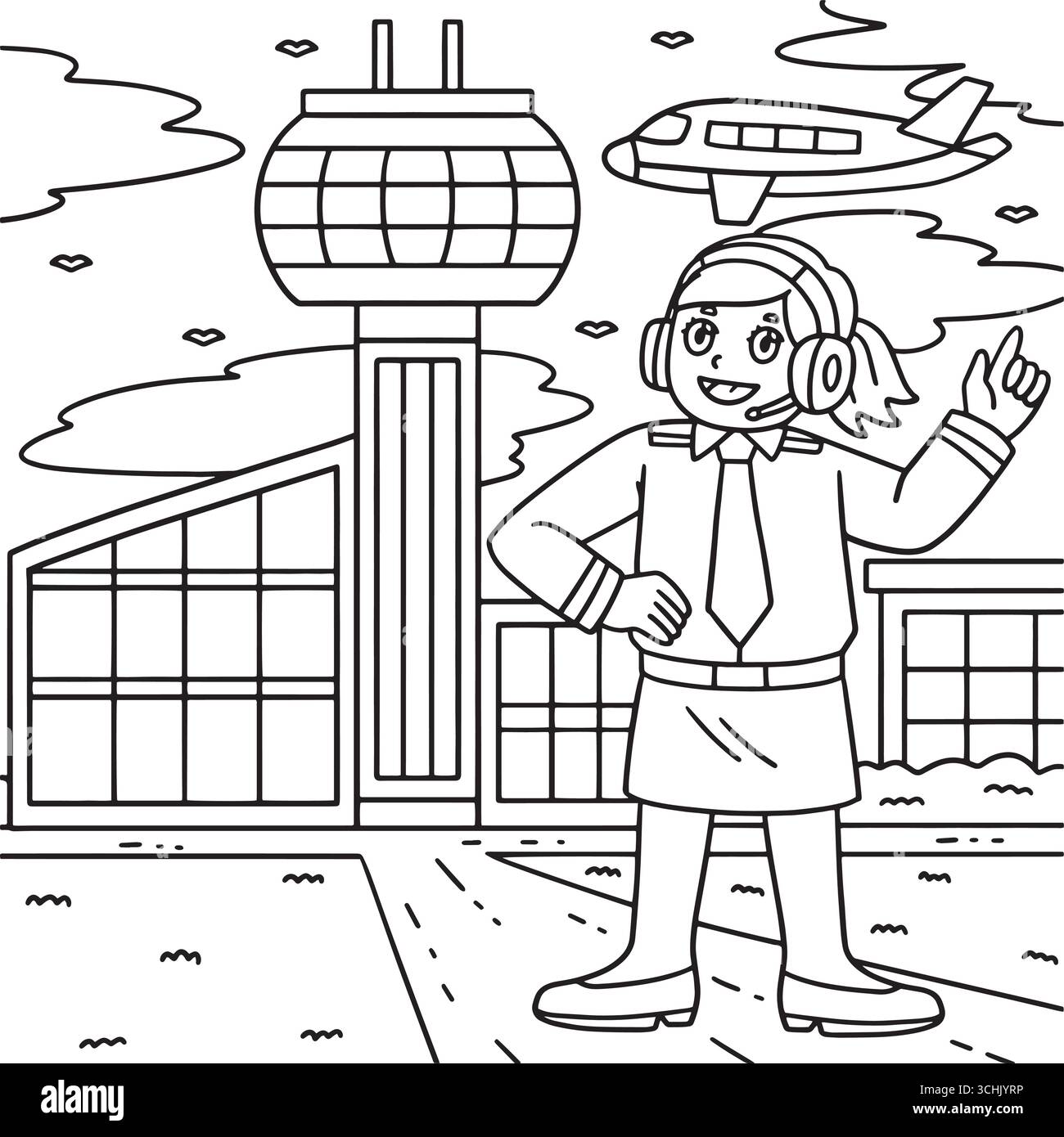Pilota donna nella colorazione del controllo della torre dell'aria anteriore Illustrazione Vettoriale