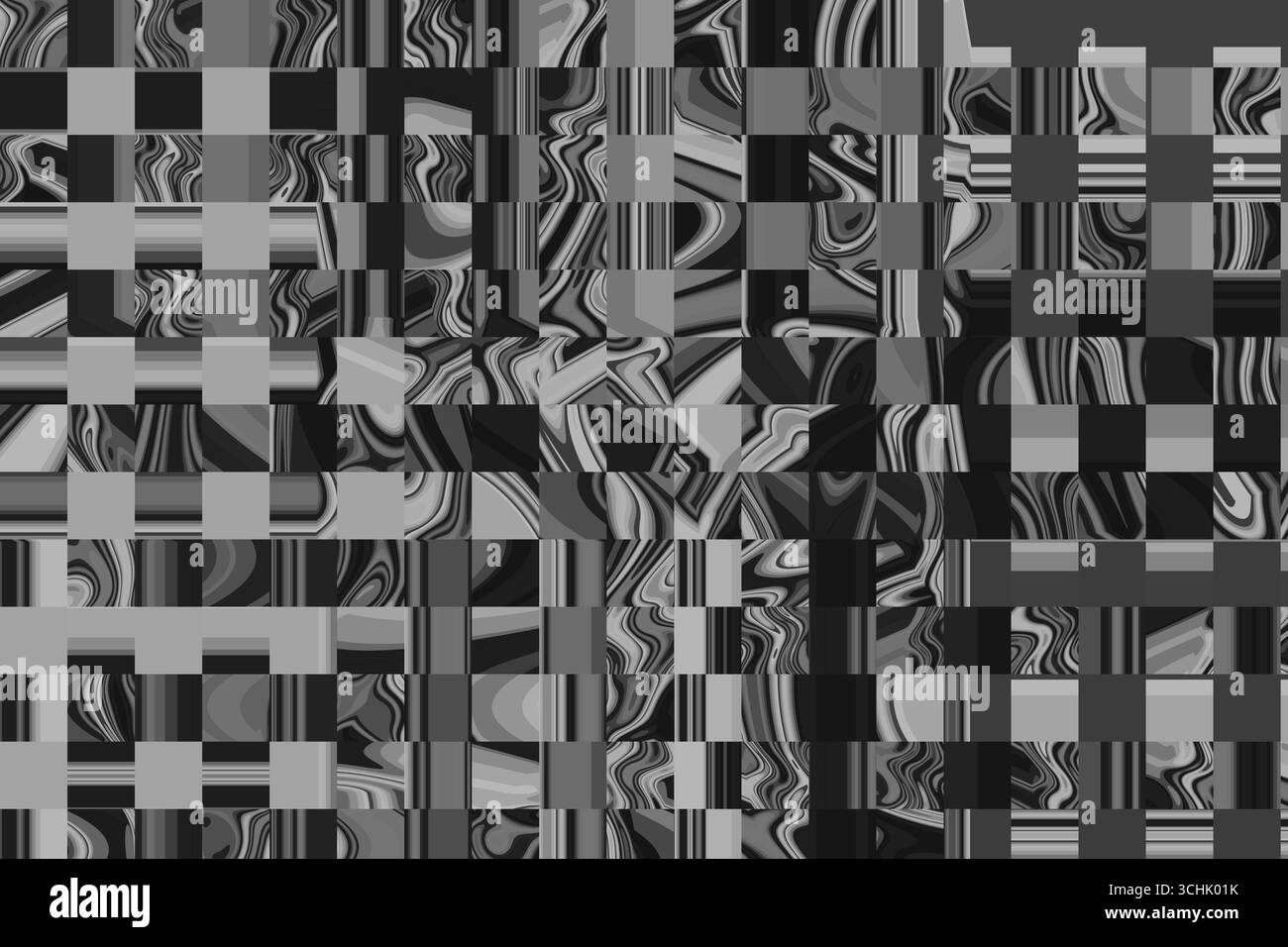 Motivo a scacchi astratto in bianco e nero con distorsioni distorte e riflettenti ed effetto glitch. Foto Stock