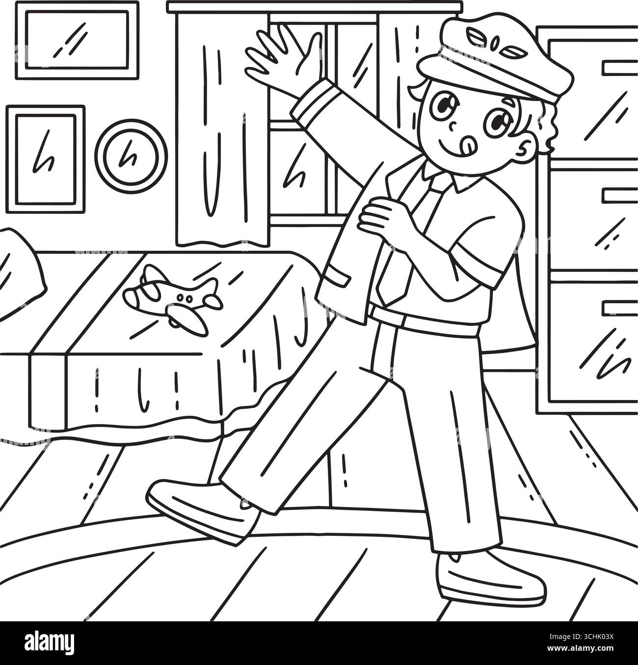 Ragazzo vestirsi come pilota pagina da colorare per bambini Illustrazione Vettoriale