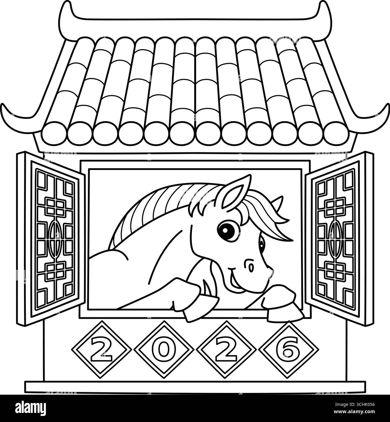 Anno del cavallo 2026 in una casa cinese isolata Illustrazione Vettoriale