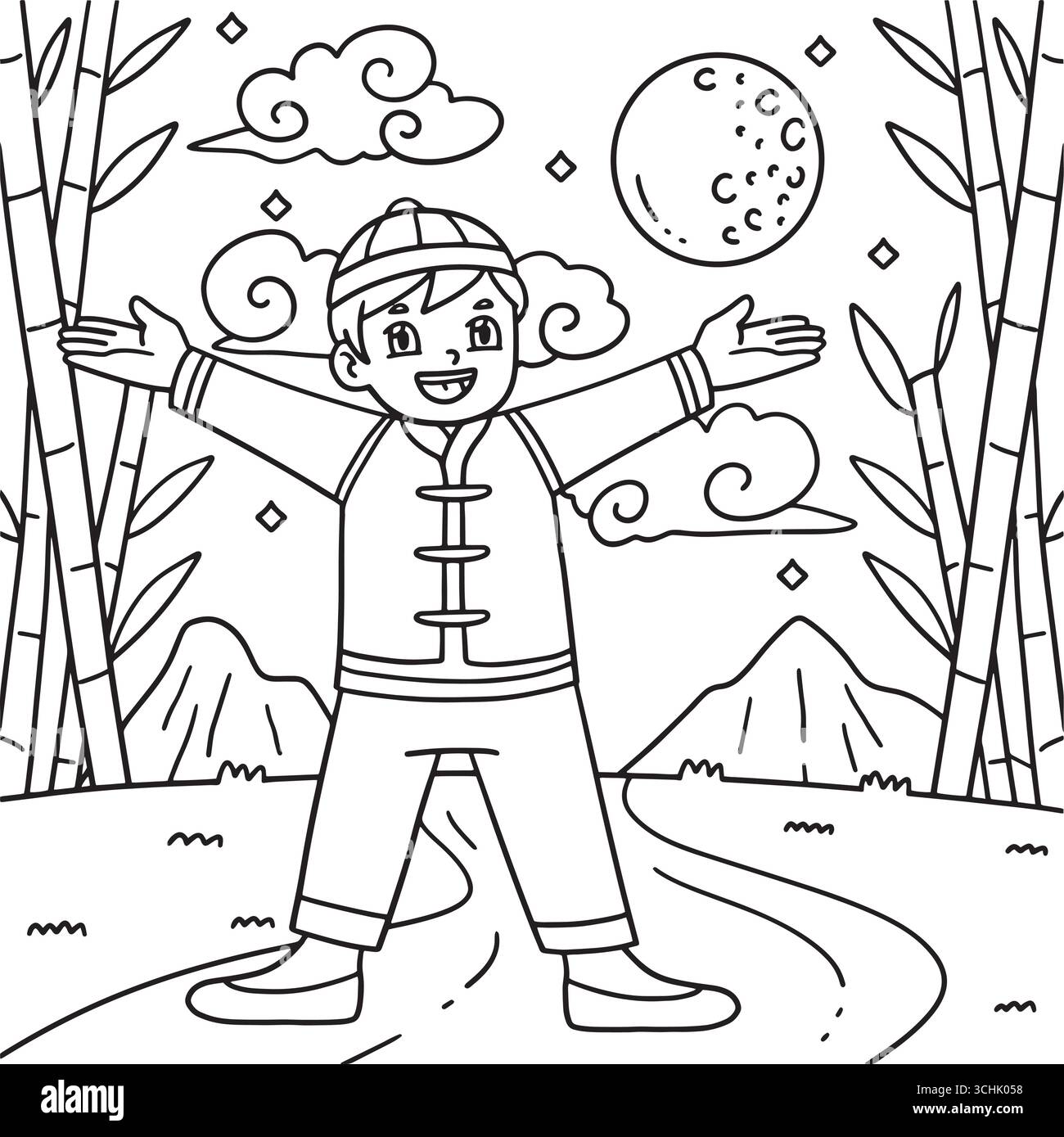 Metà autunno Festival Boy Under a Night Sky Coloring Illustrazione Vettoriale