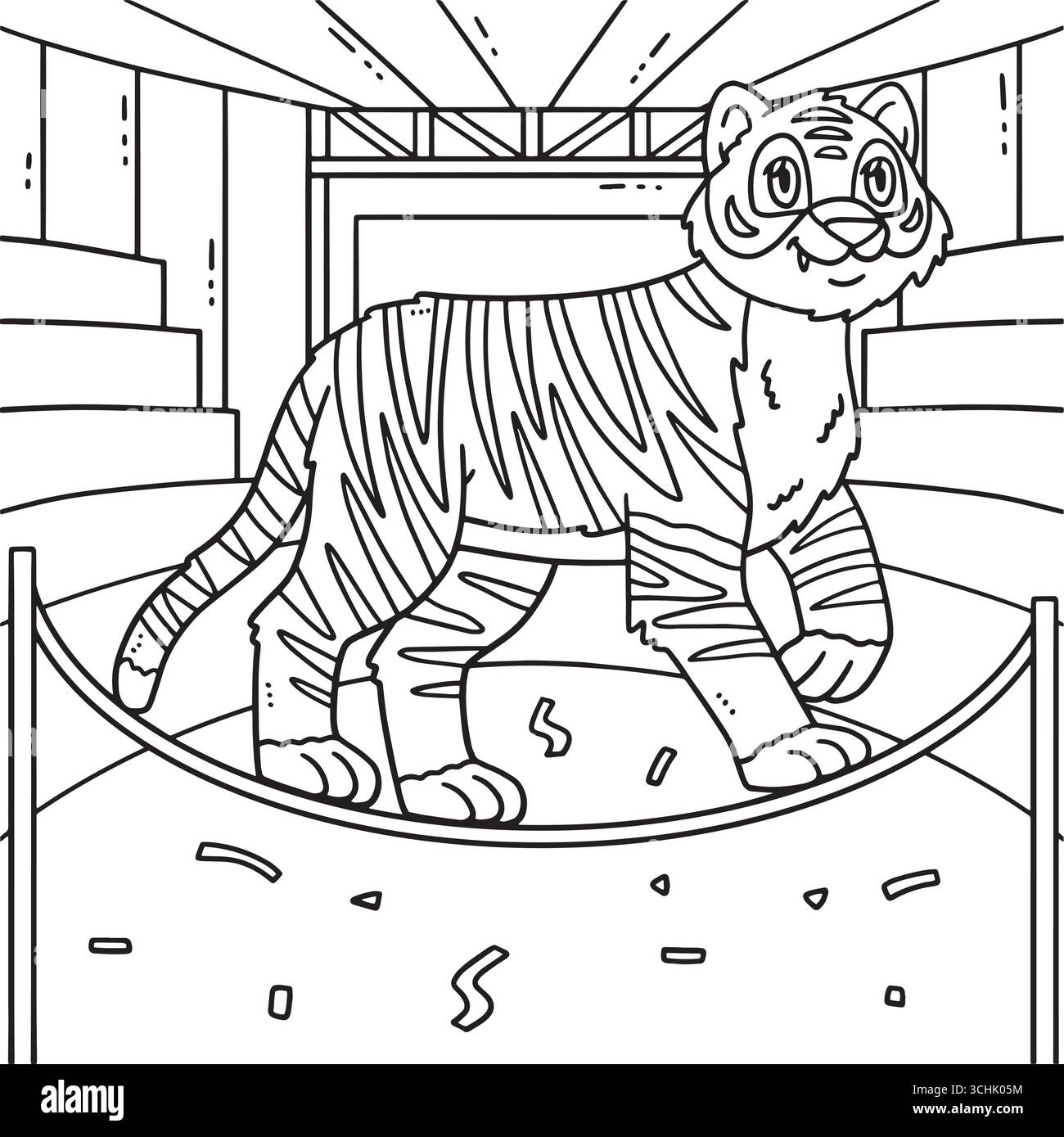 La tigre degli animali del circo che cammina su Tightrope Coloring Illustrazione Vettoriale
