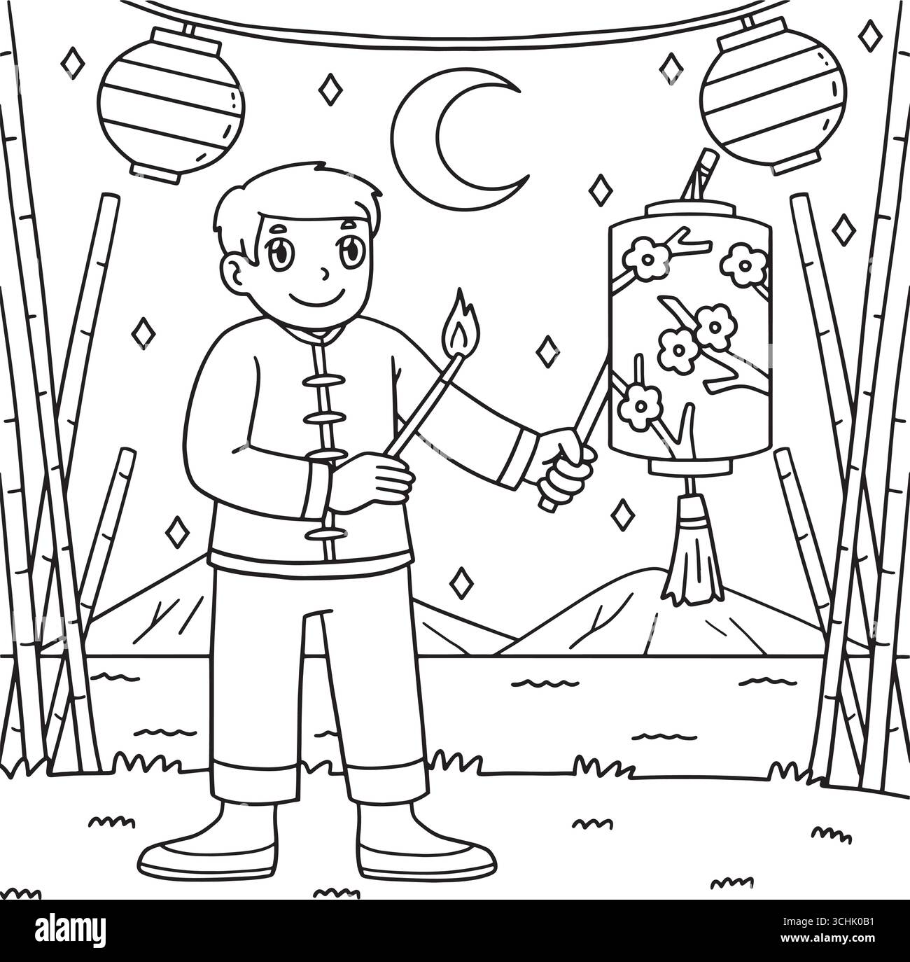 Metà autunno Festival Boy che accende una Lanterna Illustrazione Vettoriale