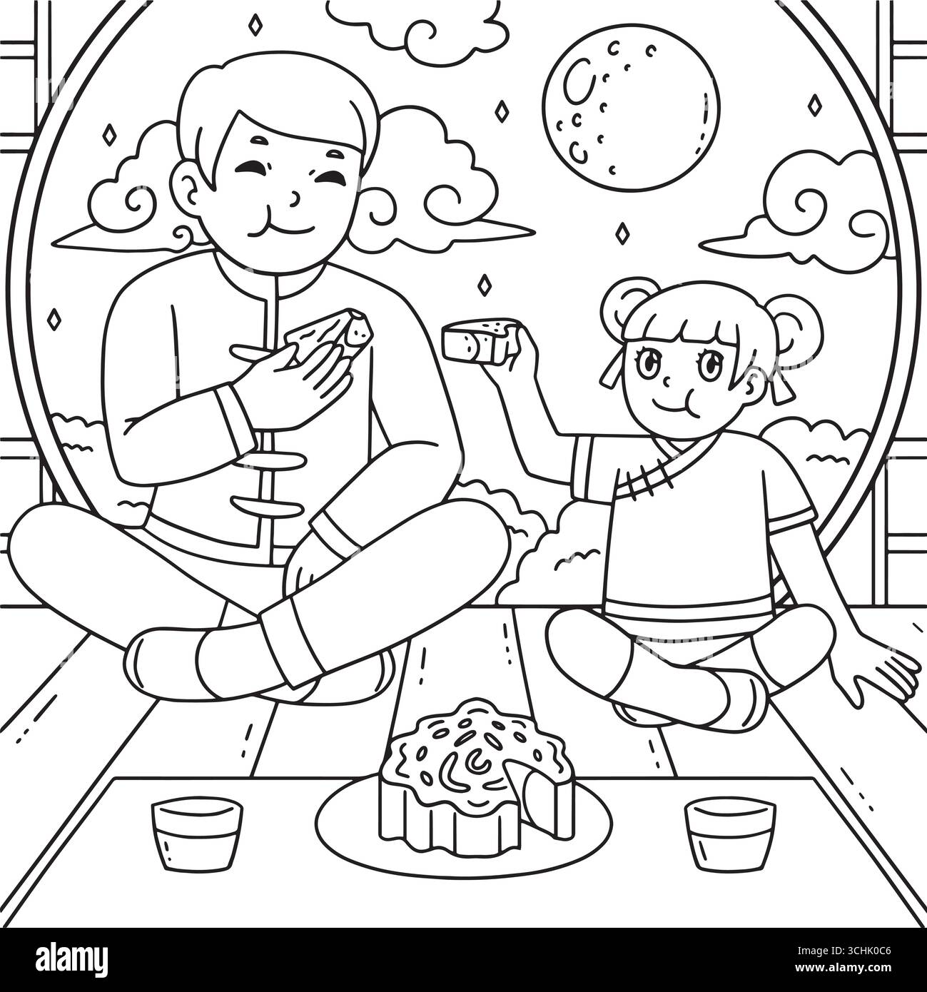 Festival di metà autunno, papà figlia che mangia Mooncakes Illustrazione Vettoriale