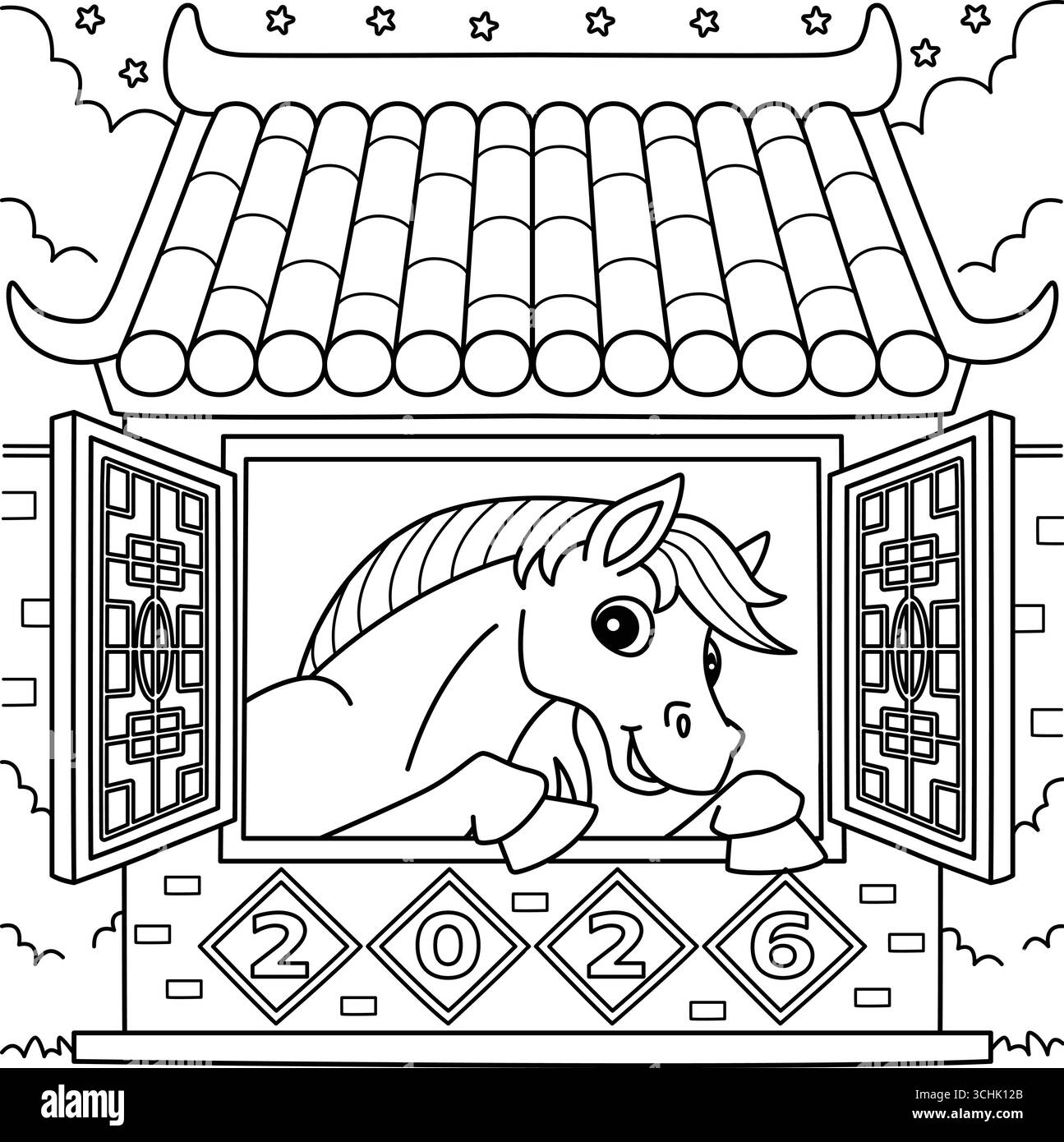 Anno del cavallo 2026 in una casa cinese colorare Illustrazione Vettoriale