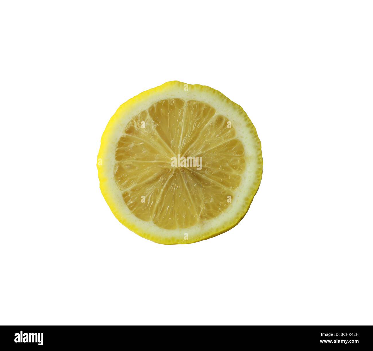 Una vivace fetta di limone mostra il suo interno succoso e la crosta gialla brillante e presenta percorsi di ritaglio perfetti per cucinare e bere in modo salutare. Foto Stock