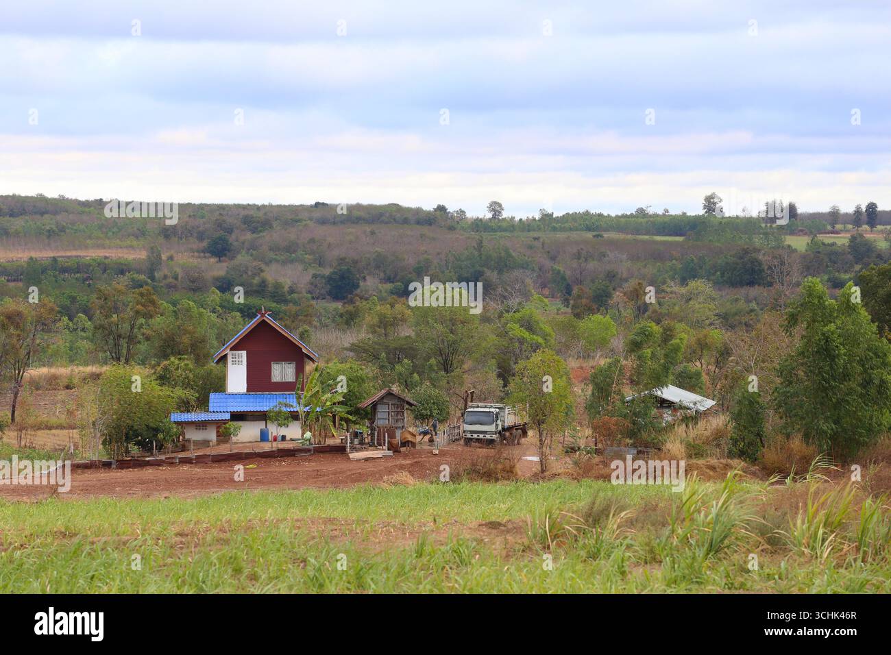 Un pittoresco paesaggio rurale che mostra un'affascinante casa annidata tra il verde vibrante e le colline panoramiche. Foto Stock