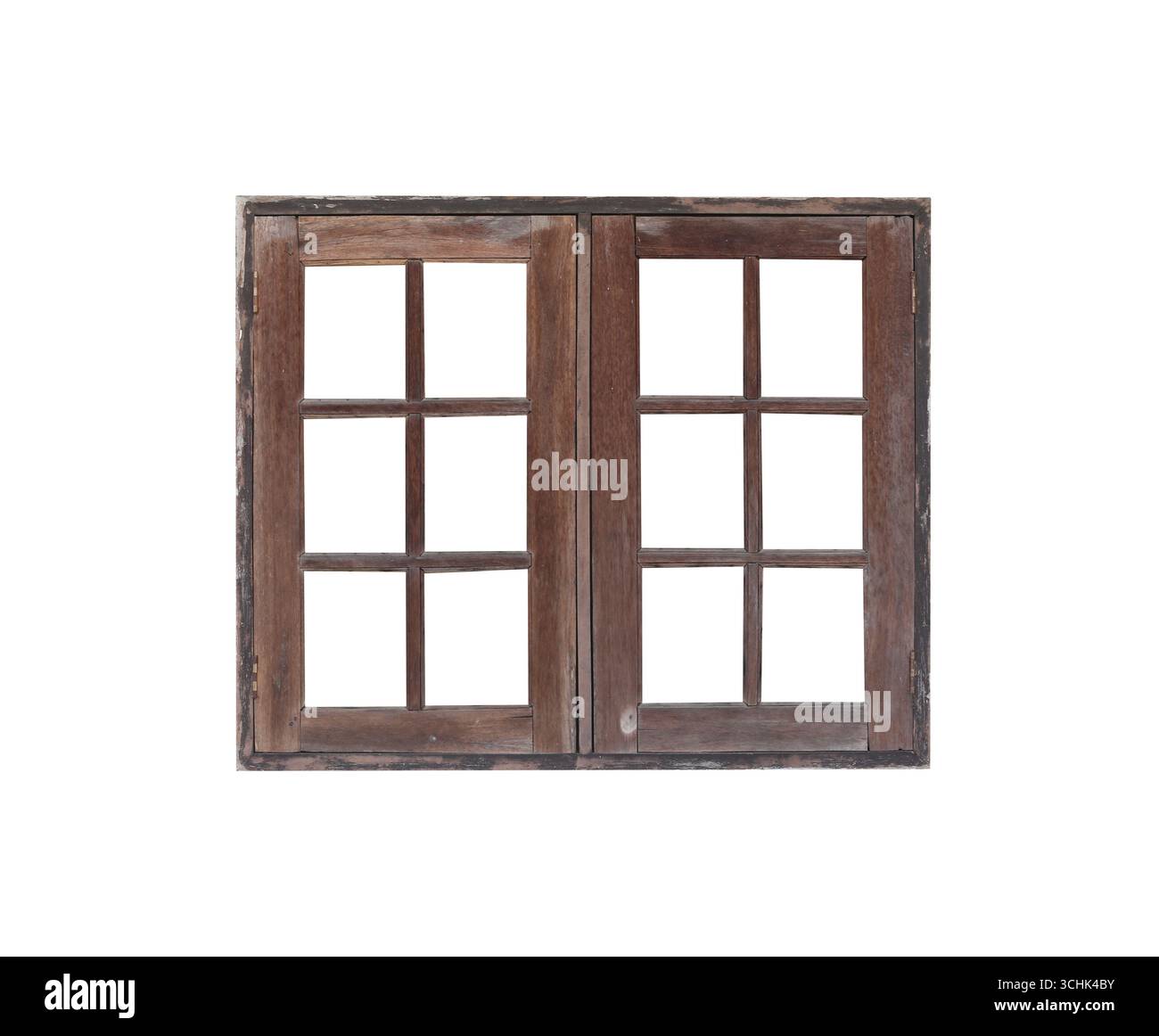 Scopri un'affascinante cornice rustica in legno isolata su sfondo bianco e dotata di sentieri di ritaglio, perfetti per valorizzare gli spazi interni Foto Stock