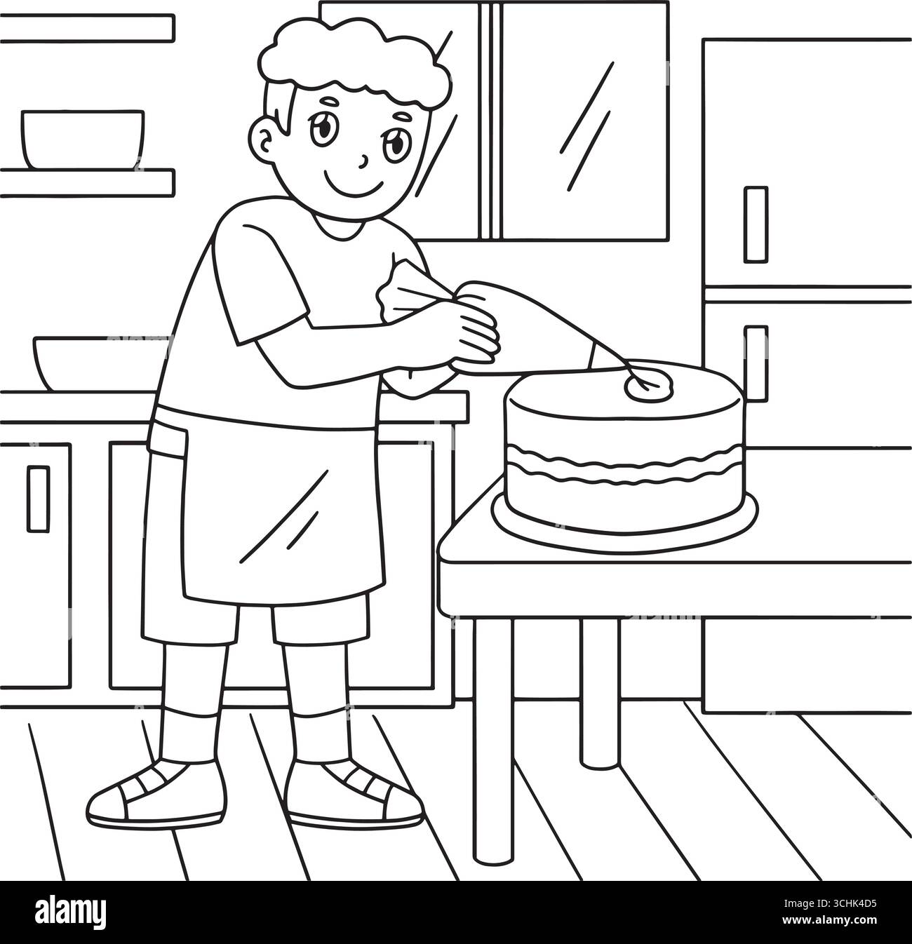 Baker Boy che mette la glassa sulla pagina da colorare della torta Illustrazione Vettoriale Baker Boy che mette la glassa sulla pagina da colorare della torta Illustrazione Vettoriale