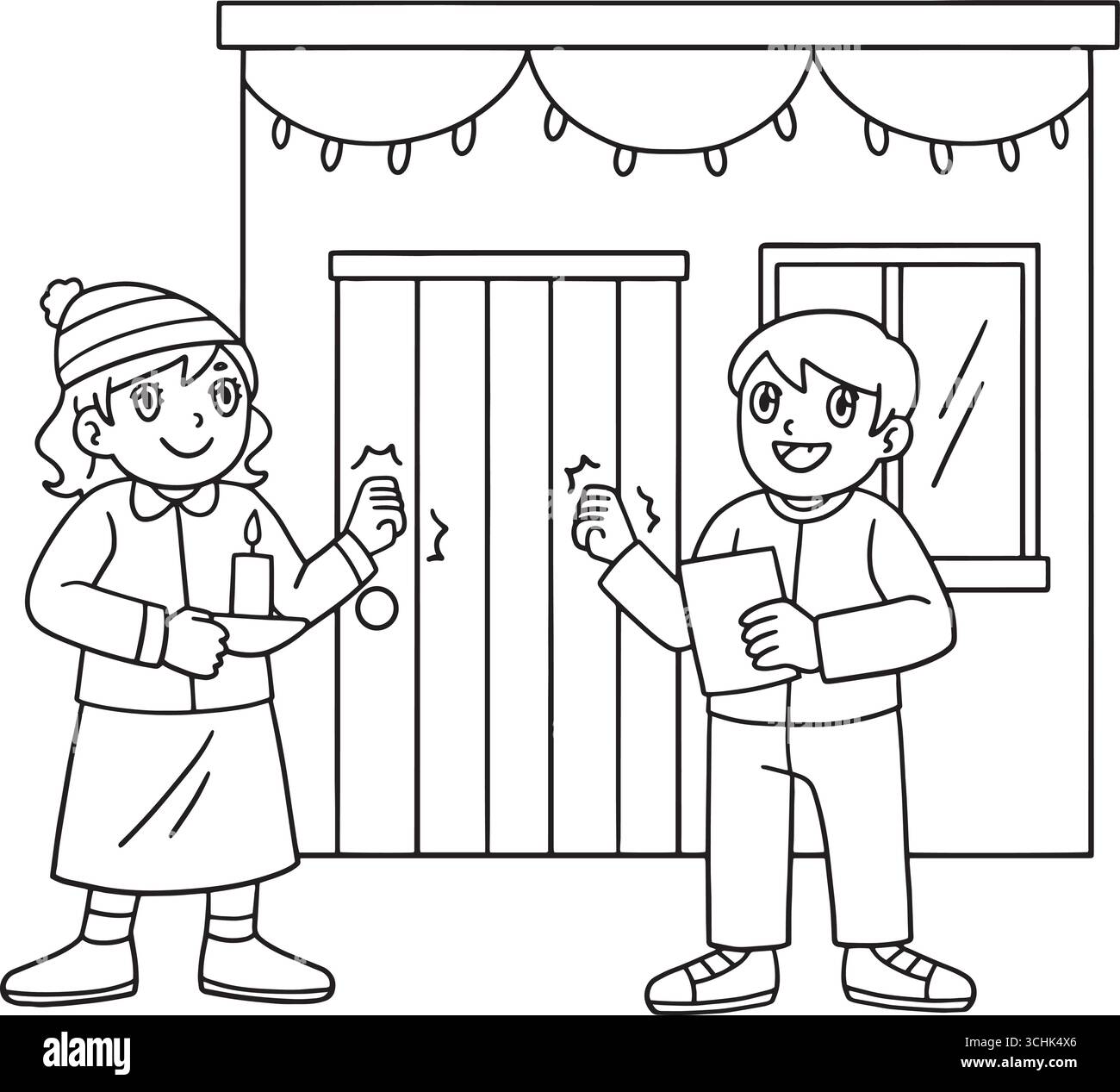 Las Posadas bambini che bussano a una porta isolata Illustrazione Vettoriale