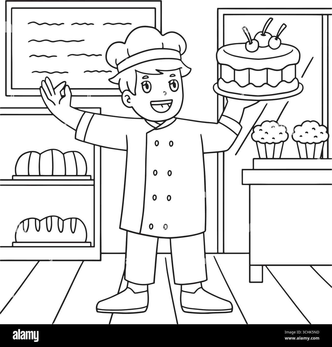 Baker maschile con torta da colorare pagina per bambini Illustrazione Vettoriale Baker maschile con torta da colorare pagina per bambini Illustrazione Vettoriale