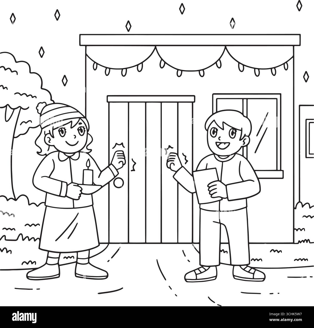 Las Posadas bambini che bussano a una porta colorata Illustrazione Vettoriale