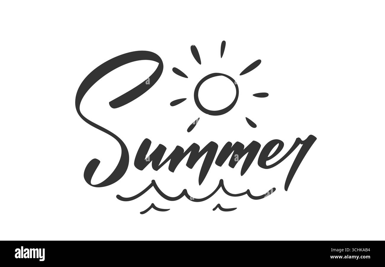 Lettere estive. Testo scritto a mano con inchiostro nero, che splende il sole sopra le onde curve del mare sotto i raggi luminosi del sole. Silhouette a ondulazione oceano schizzo minimal. Atmosfera stagionale, caldo tropicale, clima da spiaggia Illustrazione Vettoriale