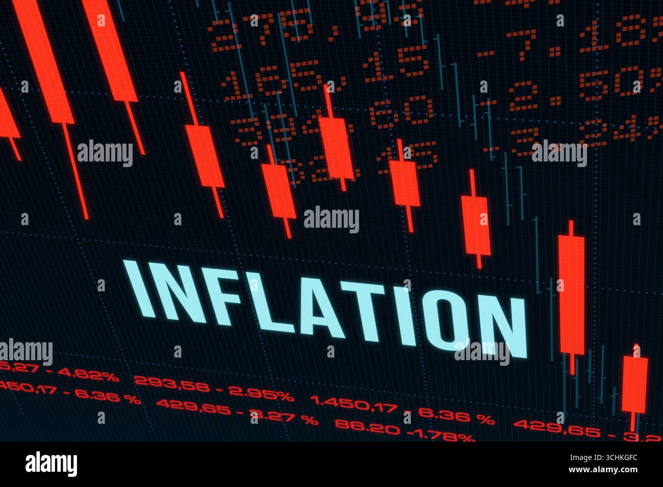 Inflazione elevata, grafico rosso in calo, prezzi delle azioni negativi. Inflazione elevata, grafico rosso in calo, prezzi delle azioni negativi. Inflazione, aumento dei prezzi di beni e servizi, svalutazione valutaria, perdita di potere d'acquisto. Illustrazione 3D economy005s02 Inflation Foto Stock