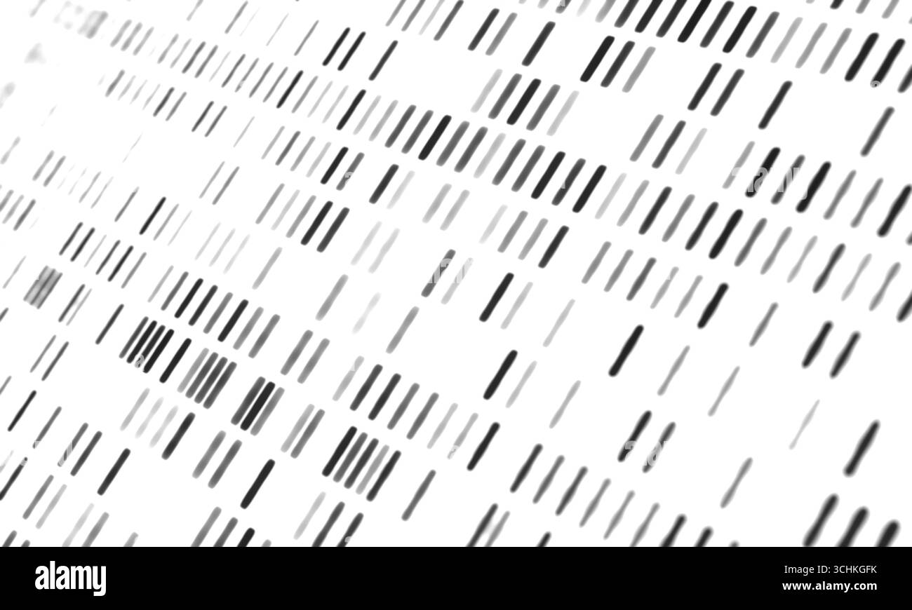 Primi piani di DNA, analisi genetica, gel di sequenziamento del DNA, struttura del genoma. Primi piani di schemi del DNA, screening genetico, sequenziamento del DNA, scienza genomica e analisi genetica. Test del DNA, cromosoma, clonazione, modificazione genetica, esperimento scientifico. Illustrazione 3D science032s03 DNA sequence Foto Stock