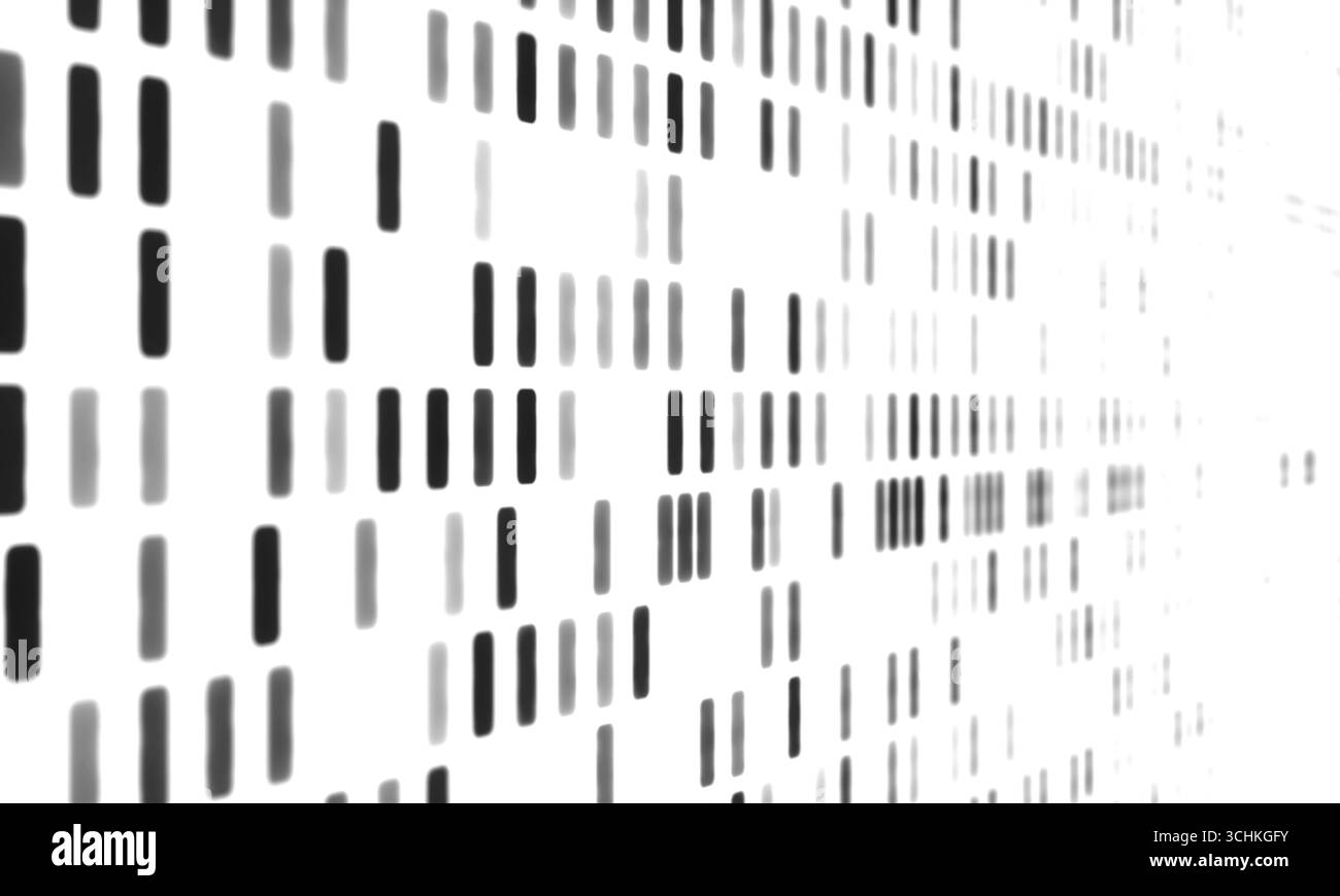 Schemi del DNA, analisi genetica, gel di sequenziamento del DNA, struttura del genoma. Schemi del DNA, screening genetico, sequenziamento del DNA, scienza genomica e analisi genetica. Test del DNA, cromosoma, clonazione, modificazione genetica, esperimento scientifico. Science032s02 DNA sequence Foto Stock