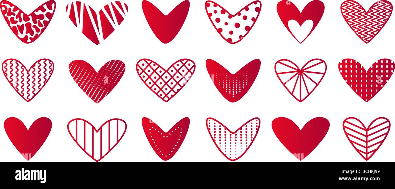 Set cuore con gradiente rosso estetico. Trendy cuore psichedelico monocromatico vettoriale con vari motivi, funky clipart doodle Illustrazione Vettoriale