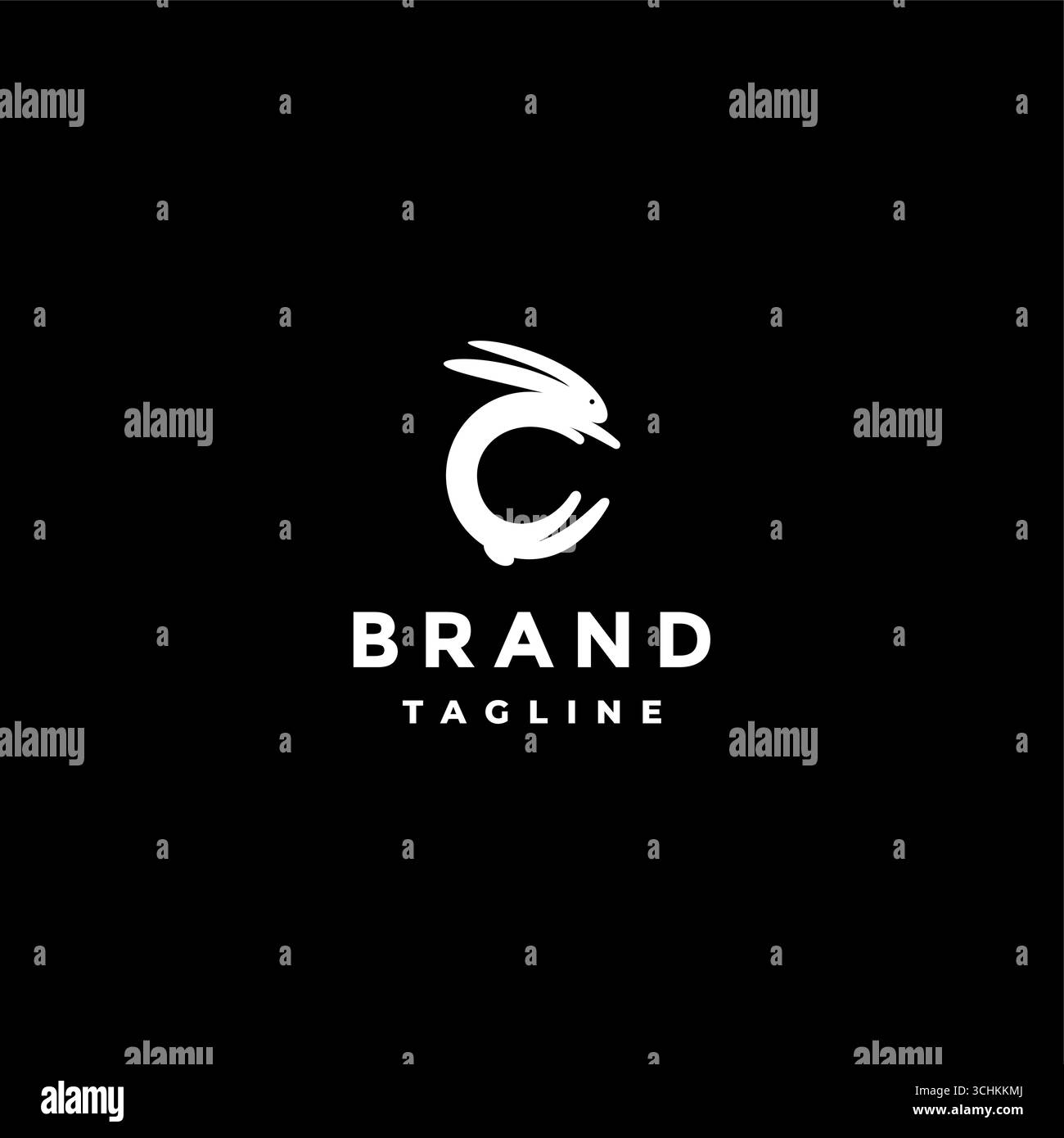 Design con logo a forma di lettera C a forma di coniglio bianco. Silhouette di coniglio bianco che forma il logo Letter C. Illustrazione Vettoriale