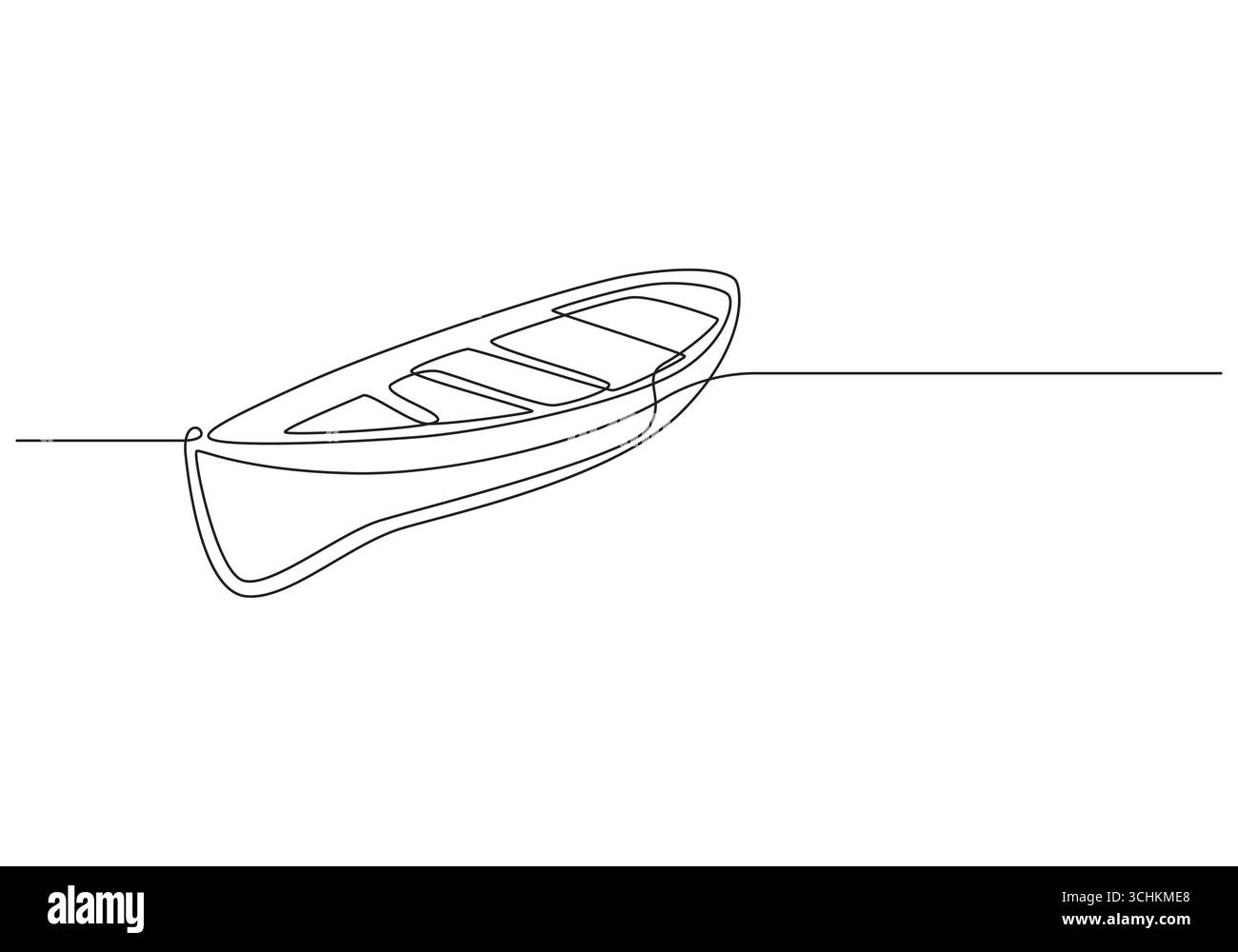 Canoa sull'acqua linea singola Art Disegno a linea singola di una piccola imbarcazione, semplice illustrazione di una barca lineare galleggiante sull'acqua, Illustrazione Vettoriale
