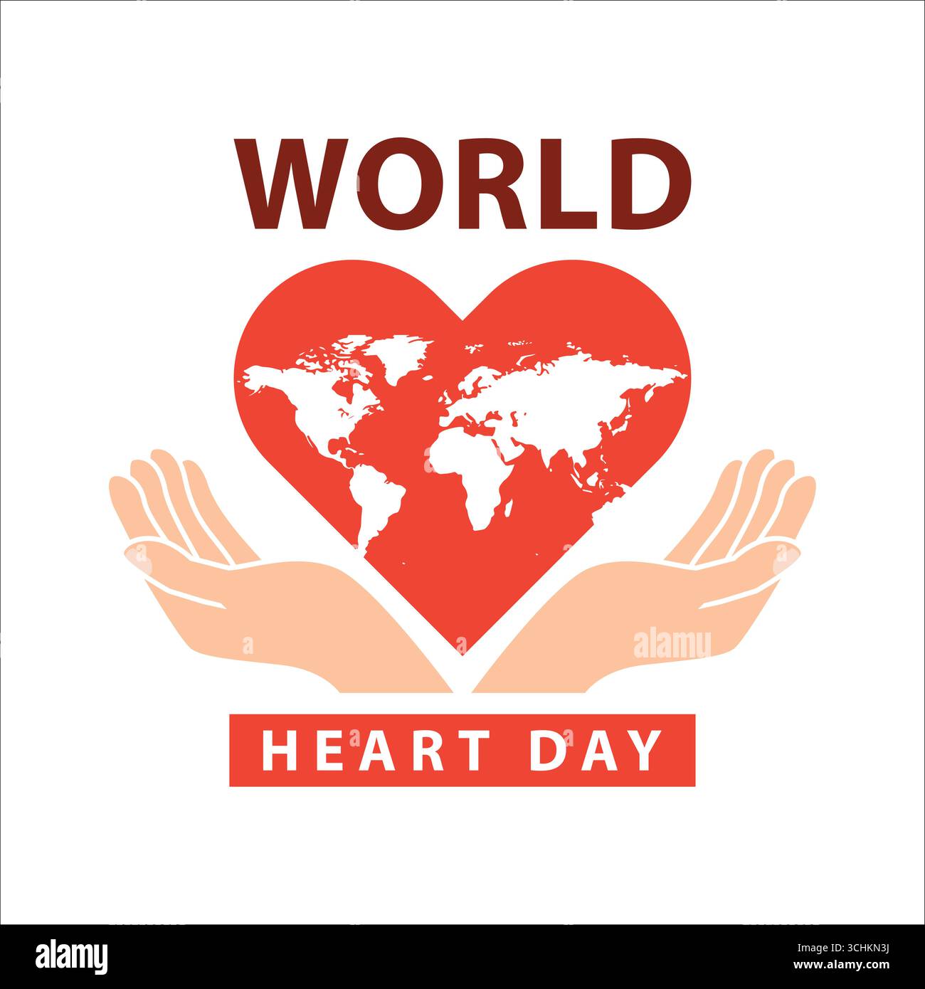 Design del concetto World Heart Day caratterizzato da un cuore rosso con una mappa del mondo tenuta per mano, che enfatizza la consapevolezza e il sostegno alla salute globale. Illustrazione Vettoriale