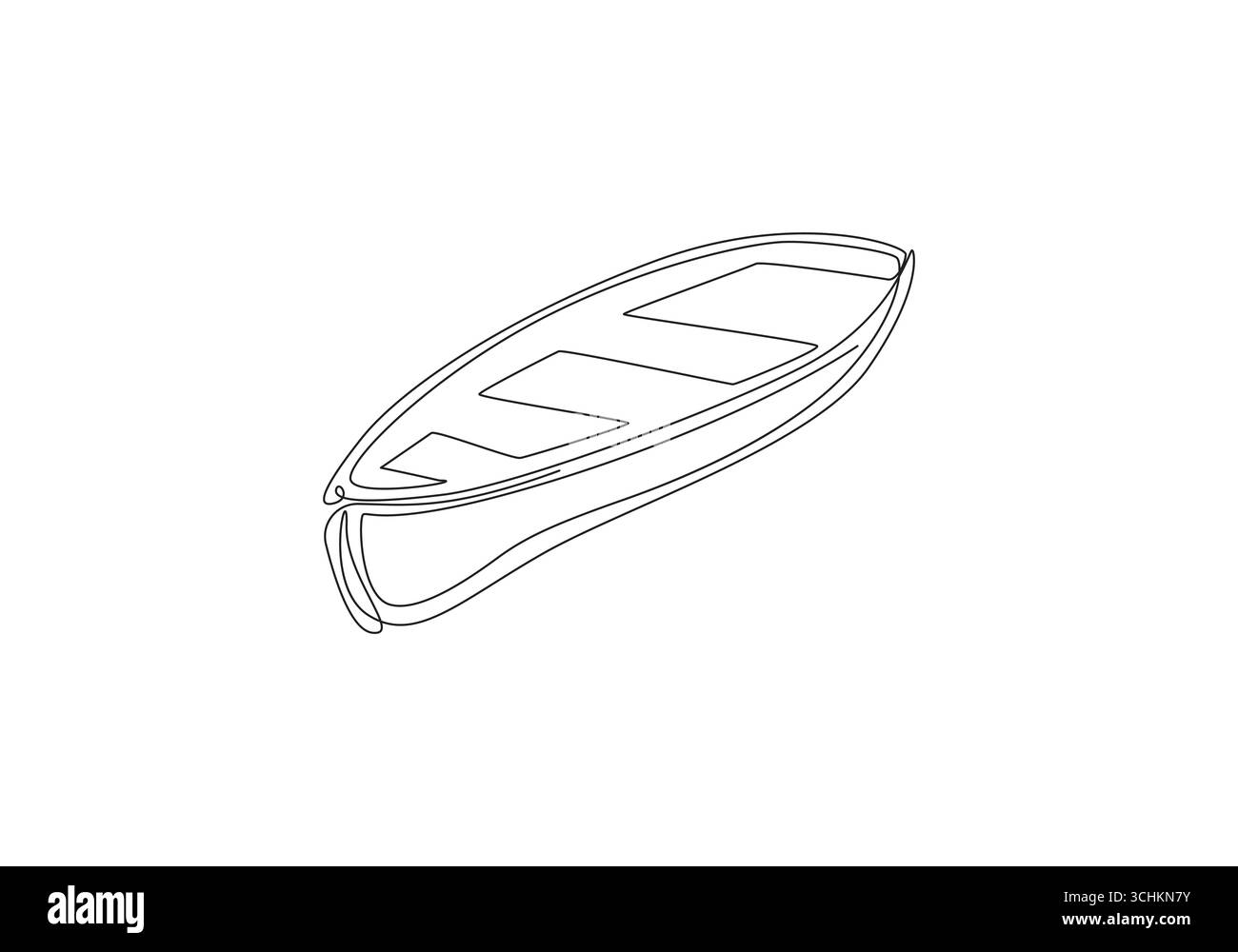 Canoa sull'acqua linea singola Art Disegno a linea singola di una piccola imbarcazione, semplice illustrazione di una barca lineare galleggiante sull'acqua, Illustrazione Vettoriale