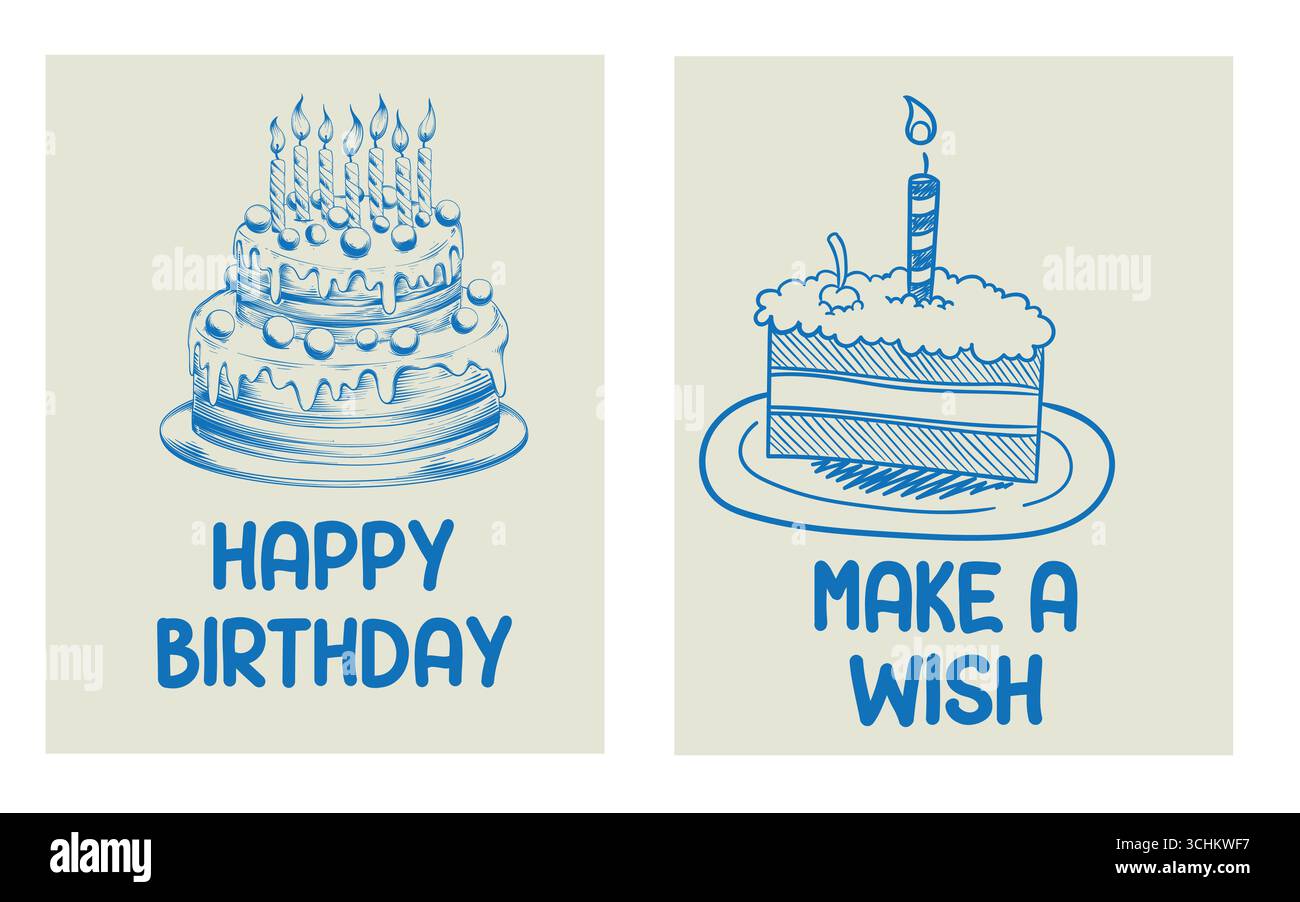 Torta blu con panna e candela. Messaggio di buon compleanno. Stile retrò. Cibo dolce e gustoso. Disegnato a mano alla moda per l'anniversario, san valentino. Illustrazione Vettoriale