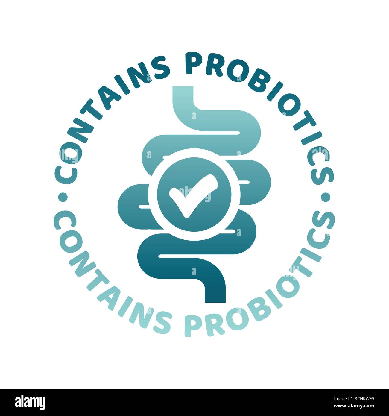 Contiene etichette vettoriali colorate per probiotici. Intestini, microbioma intestinale, microbiota o microflora icona di batteri probiotici buoni. Illustrazione Vettoriale