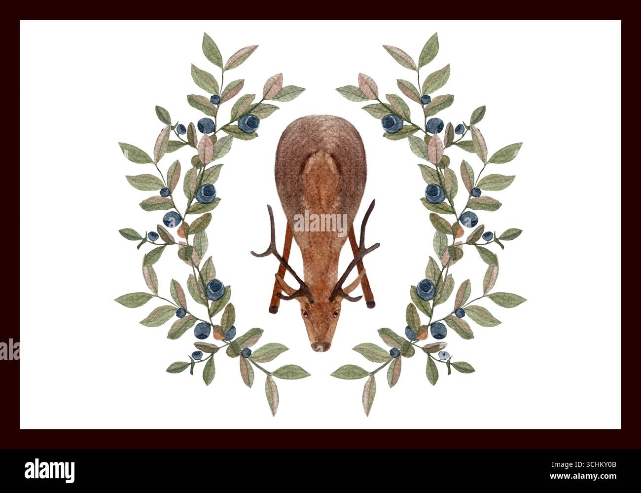 Cervo con palchi incorniciati da foglie verdi bacche blu scuro su sfondo bianco. Illustrazione ad acquerello perfetta per biglietti d'auguri, poster, matrimoni Foto Stock