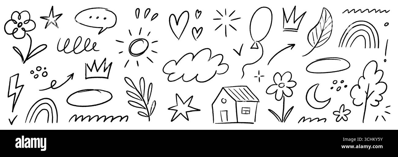Set di schizzi a matita di pastello con gesso. Freccia per bambini disegnata a mano, nuvola, elemento pastello per bambini con fiori. Cuore di gesso infantile, motivo a matita pastello, stile schizzo. Illustrazione vettoriale Illustrazione Vettoriale