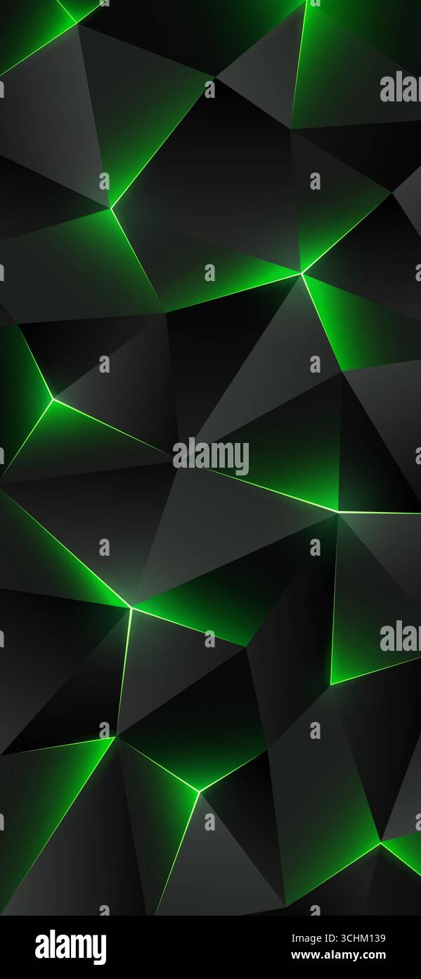 Sfondo scuro per smartphone con basso contenuto di poli. Sfondo geometrico astratto con triangoli. Triangolo luminoso con linee tratteggiate. Sfondo grigio/verde. Poligono Illustrazione Vettoriale