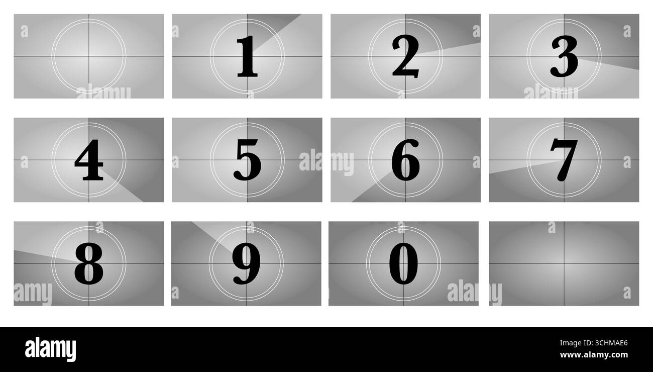 conto alla rovescia 16x9 con sfondo grunge e inquadrature retrò della fotocamera. Numeri timer classici per l'introduzione al cinema o il design di presentazione. Vecchio Illustrazione Vettoriale