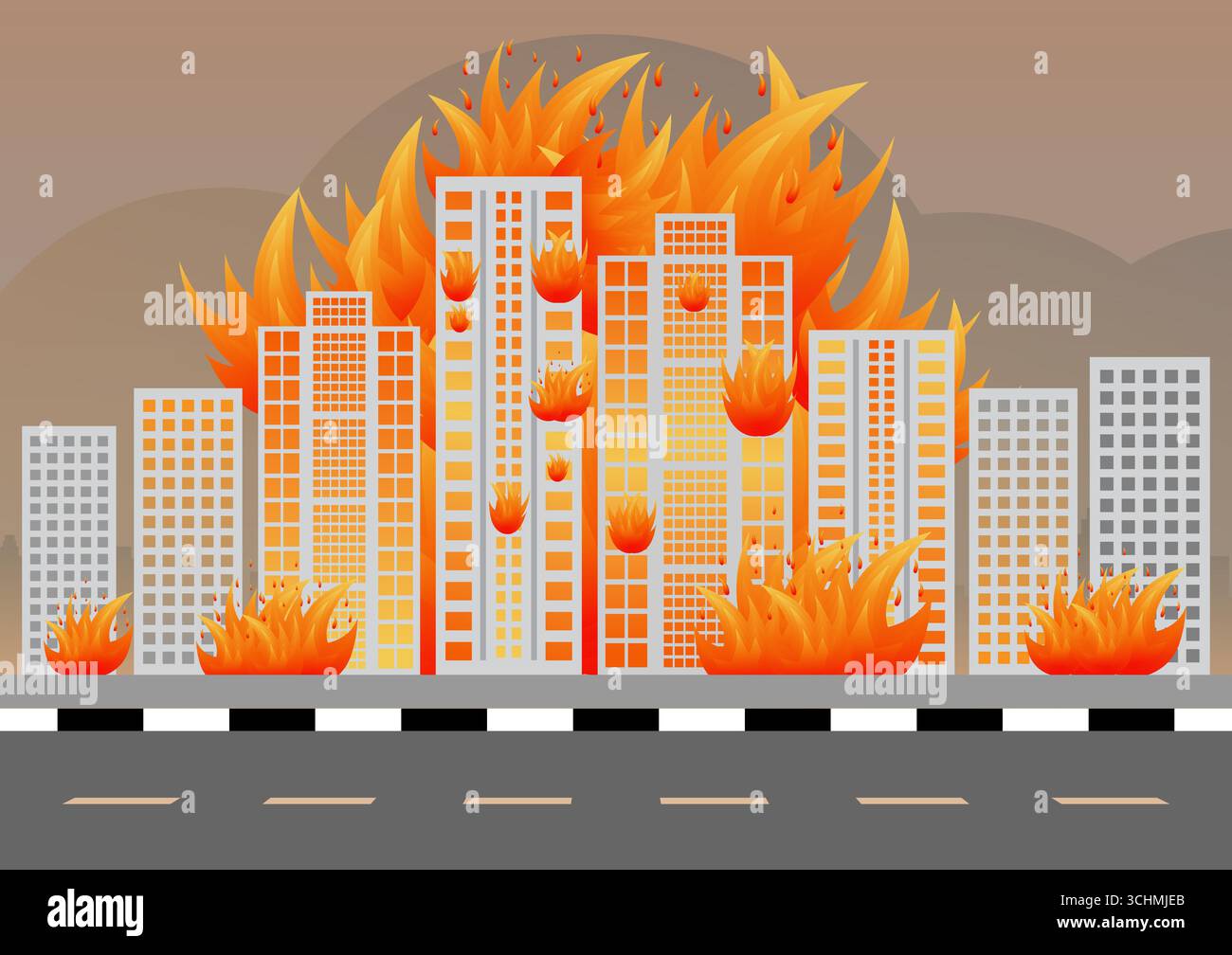 Edificio in fiamme. Edificio in fiamme. Grattacieli in fiamme da guerra, terremoto, esplosione di bombe. Illustrazione vettoriale. Illustrazione Vettoriale