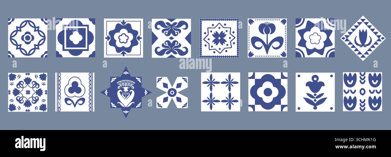 Collezione di piastrelle in ceramica blu isolata su sfondo bianco Illustrazione Vettoriale