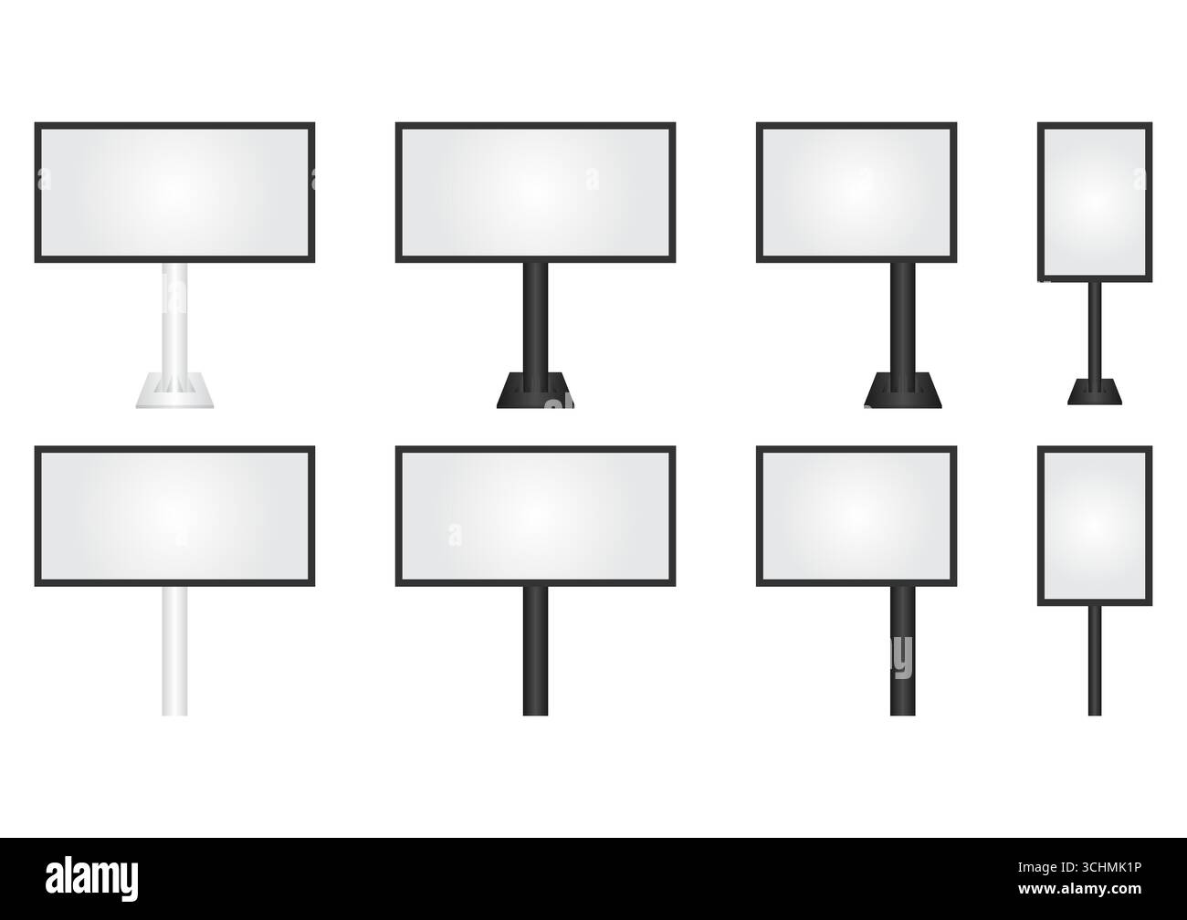 Affissioni vuote per la pubblicità. Poster pubblicitario. Mockup per Billboard. Banner vuoto per esterni. Illustrazione vettoriale isolata su sfondo bianco. Illustrazione Vettoriale