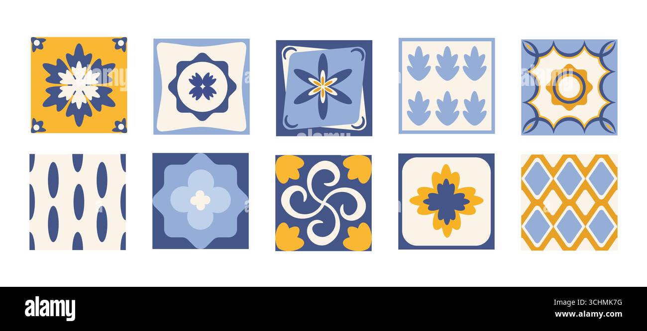 Un set di piastrelle in ceramica mediterranea blu e gialla. Illustrazione Vettoriale