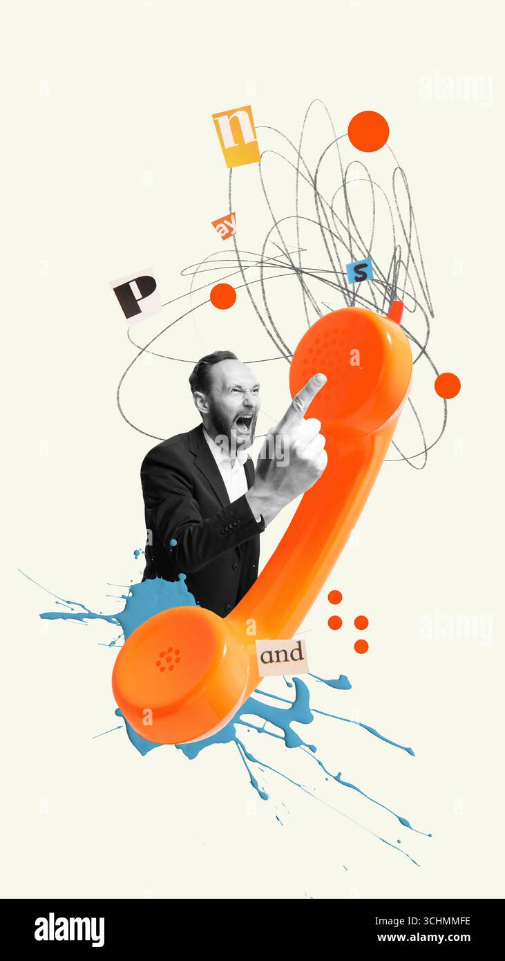Collage grafico. Uomo d'affari arrabbiato urlando contro un telefono arancione gigante con scarabocchi caotici Foto Stock
