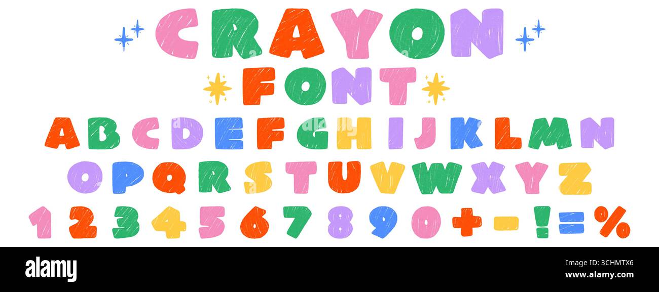 Alfabeto pastello colorato, lettere e numeri disegnati a mano per bambini. Divertente font doodle. Consistenza di gesso e matita. Illustrazione Vettoriale