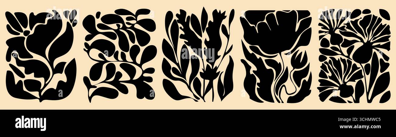 Collezione astratta di foglie scanalate con silhouette botaniche retrò per progetti di design vintage. Forme fluide organiche con motivi naturali psichedelici, steli curvi ed elementi stilizzati del fogliame. Illustrazione Vettoriale