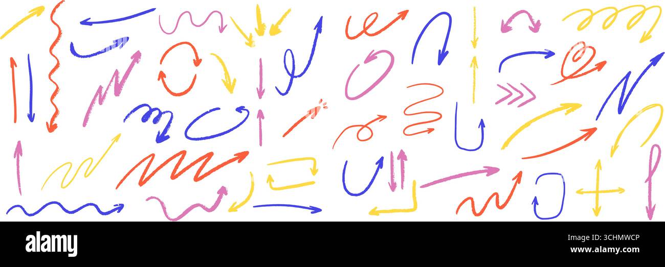 Frecce pastello colorate. Set di scarabocchi disegnati a mano con tratti curvi, ondulati, a spirale e di schizzo. Illustrazione Vettoriale