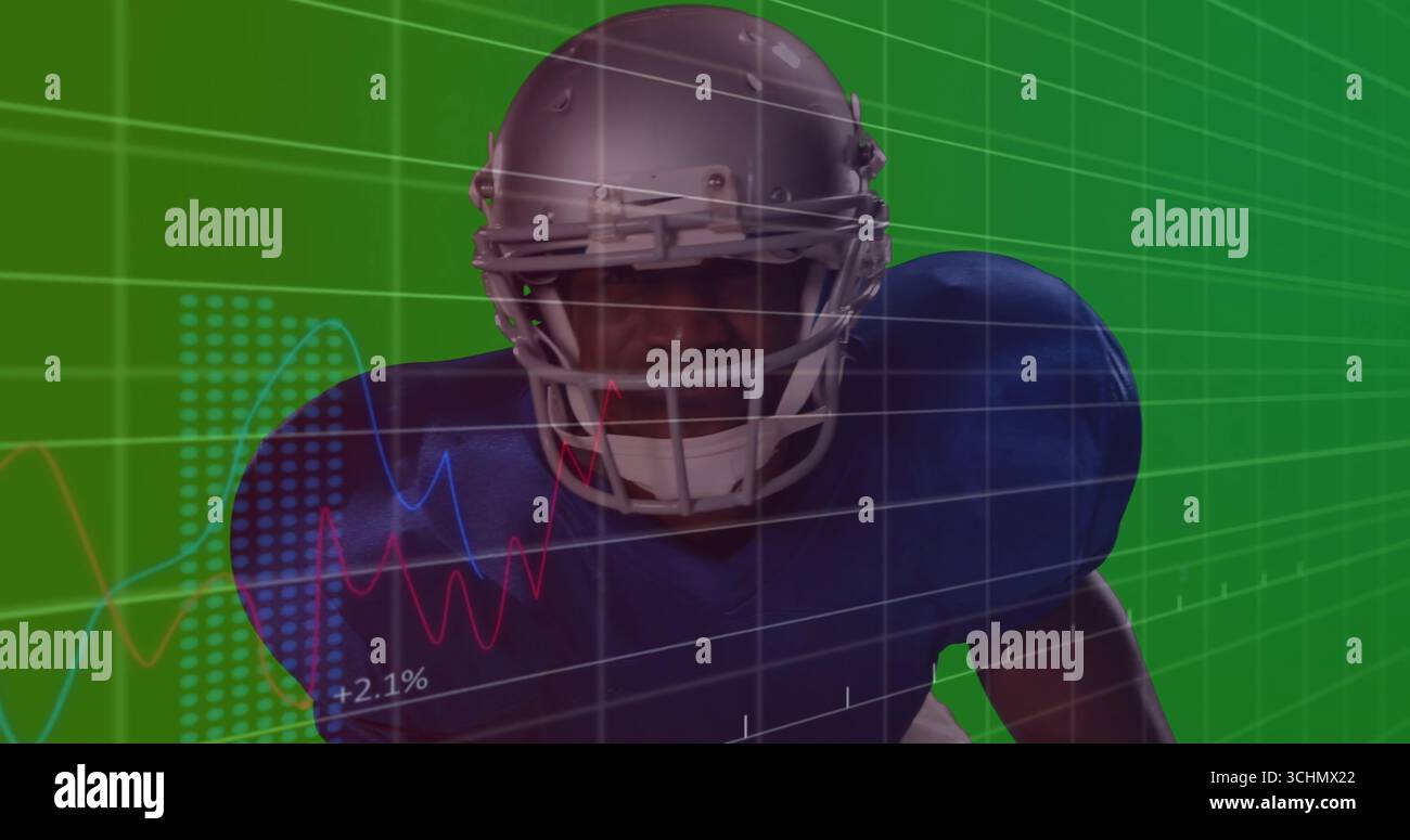 Giocatore di calcio in piedi che indossa casco argento e maglia blu nel pannello analitico, con grafici a linee Foto Stock