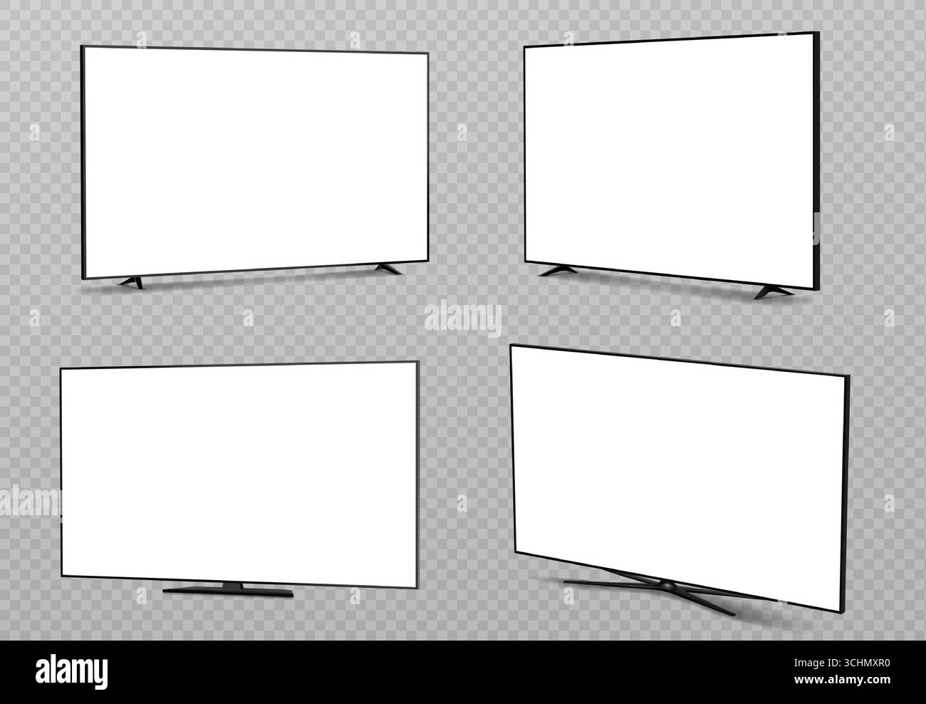 Set di schermi TV LCD vuoti isolati su sfondo trasparente. Illustrazione vettoriale realistica di un grande pannello televisivo, display a LED vuoto, vista frontale e laterale, moderno computer al plasma per la presentazione Illustrazione Vettoriale