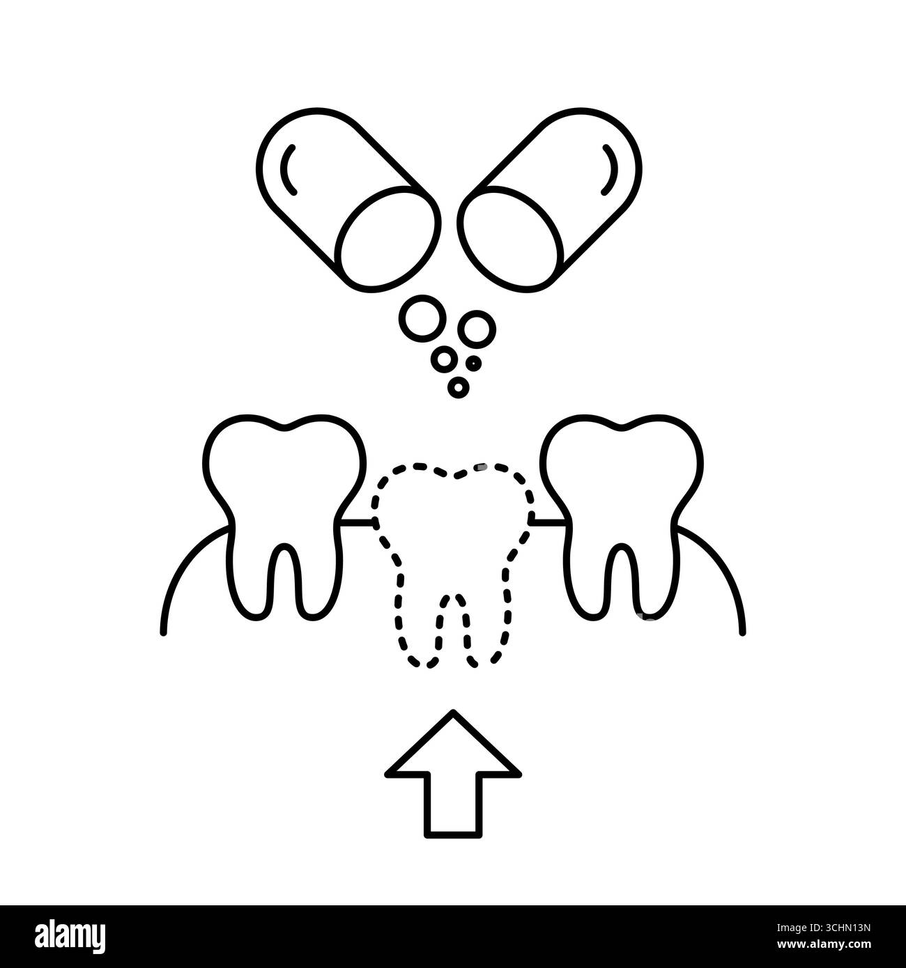 Ricrescita dei denti con nuova icona della linea medica. Rigenerazione dei denti con farmaci rivoluzionari. Scoperta scientifica giapponese sostituzione dei denti mancanti. Illustrazione Vettoriale