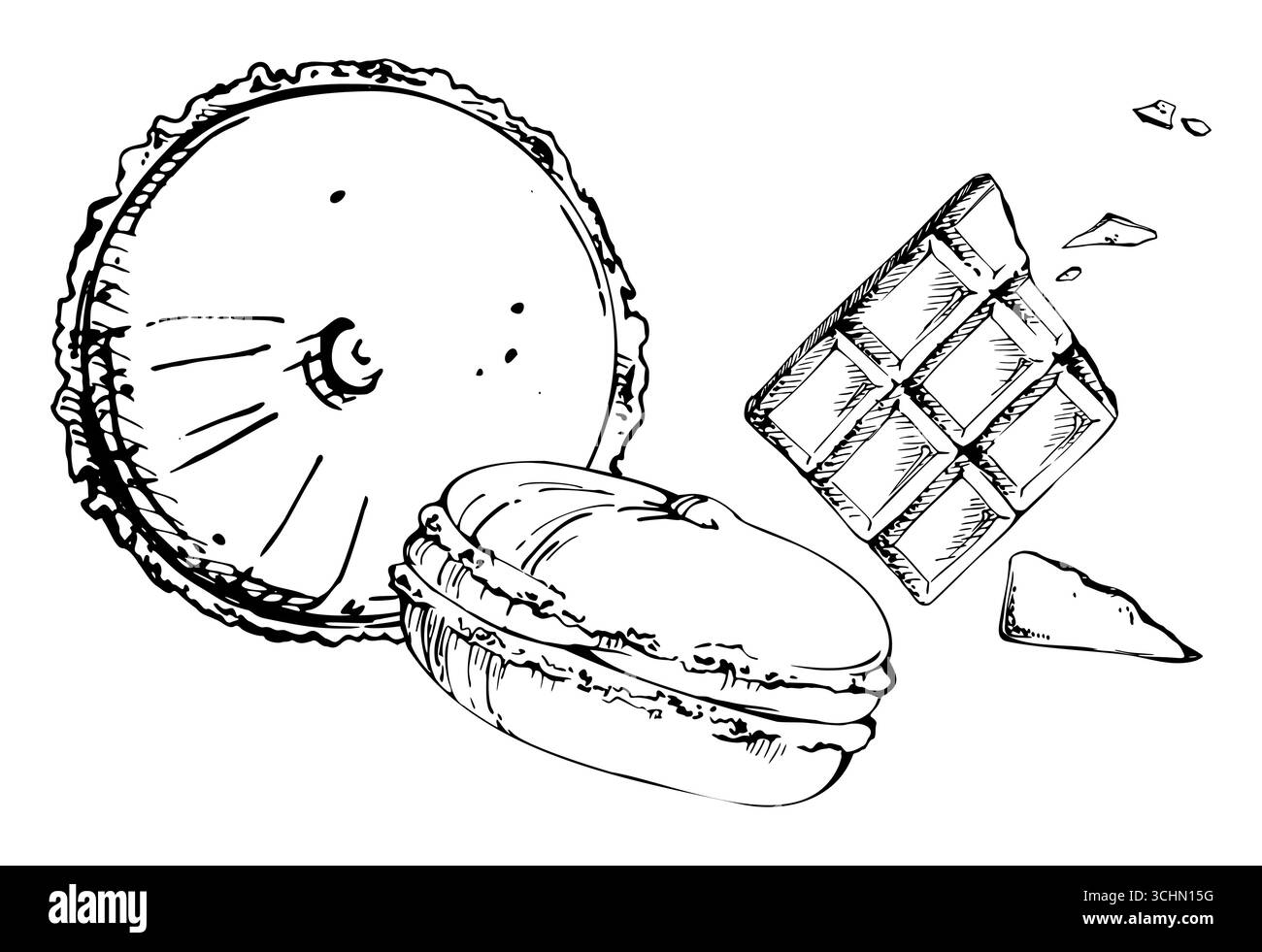 Macaron croccanti da angoli superiori e laterali, torte whoopie in stile Oreo, contorno a barretta di cioccolato rasato. Disegnato a mano con inchiostro vettoriale. Design da negozio, digitale Illustrazione Vettoriale