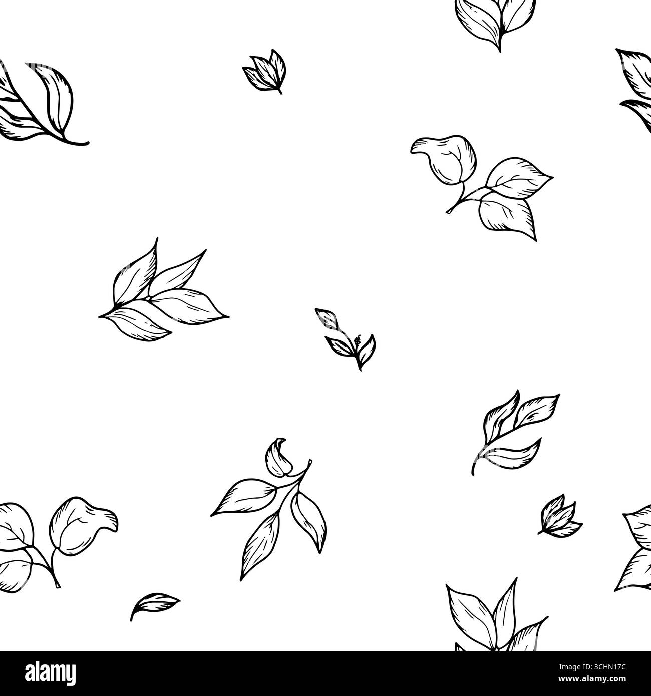 Ramoscelli con foglie su motivo senza cuciture, schizzi in bianco e nero. Illustrazione vettoriale. Il motivo della silhouette delle foglie è isolato su uno sfondo bianco Illustrazione Vettoriale