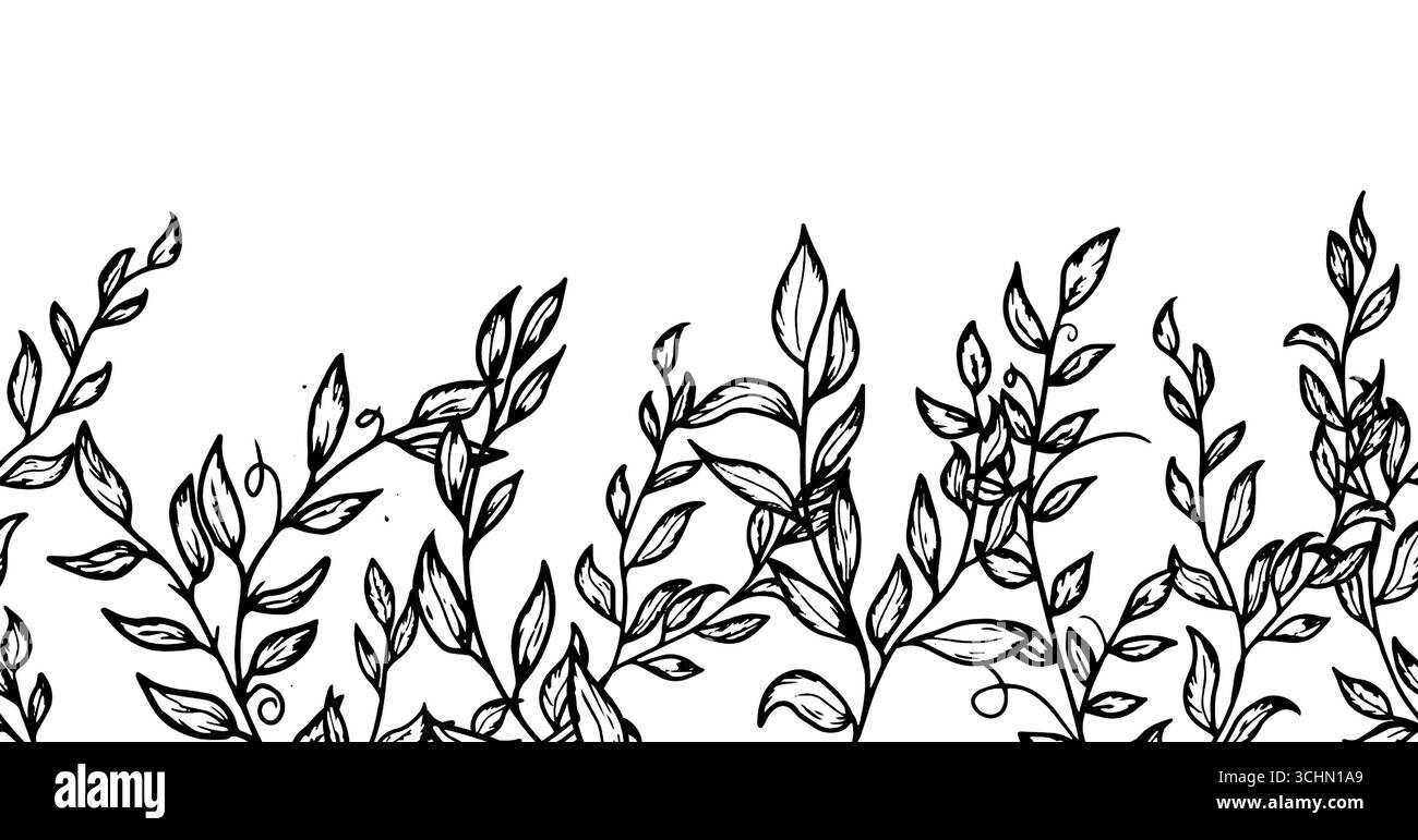 Ramoscelli con foglie su un bordo orizzontale senza cuciture, schizzo in bianco e nero. Illustrazione vettoriale. Il motivo della silhouette del fogliame è isolato sul bianco Illustrazione Vettoriale