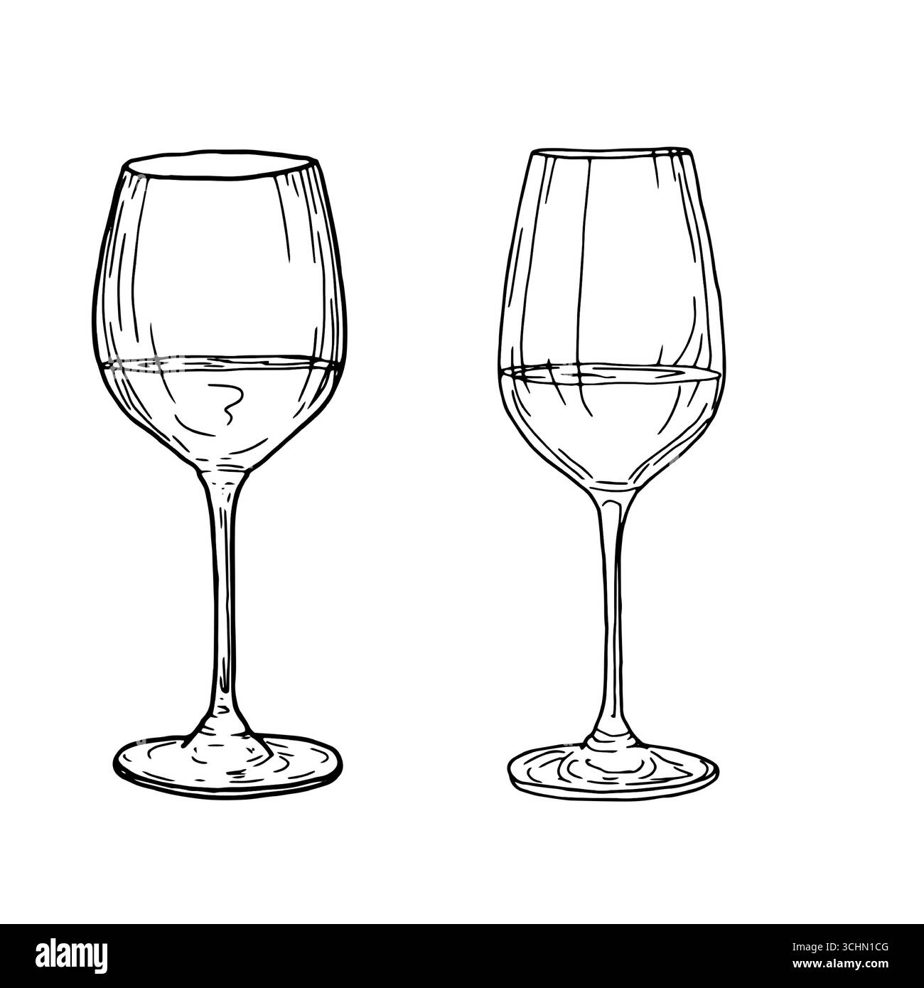 Un paio di bicchieri di vino, uno sketch in bianco e nero. Illustrazione vettoriale. Eleganti bicchieri da vino per champagne, acqua e bevande alcoliche, isolare Illustrazione Vettoriale