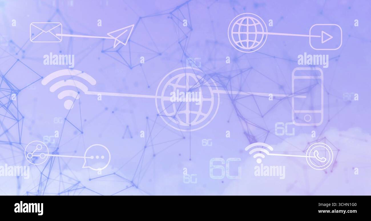 Visualizzazione delle icone di linea dello smartphone Globe envelope e dei nodi di connessione WiFi su sfondo viola Foto Stock