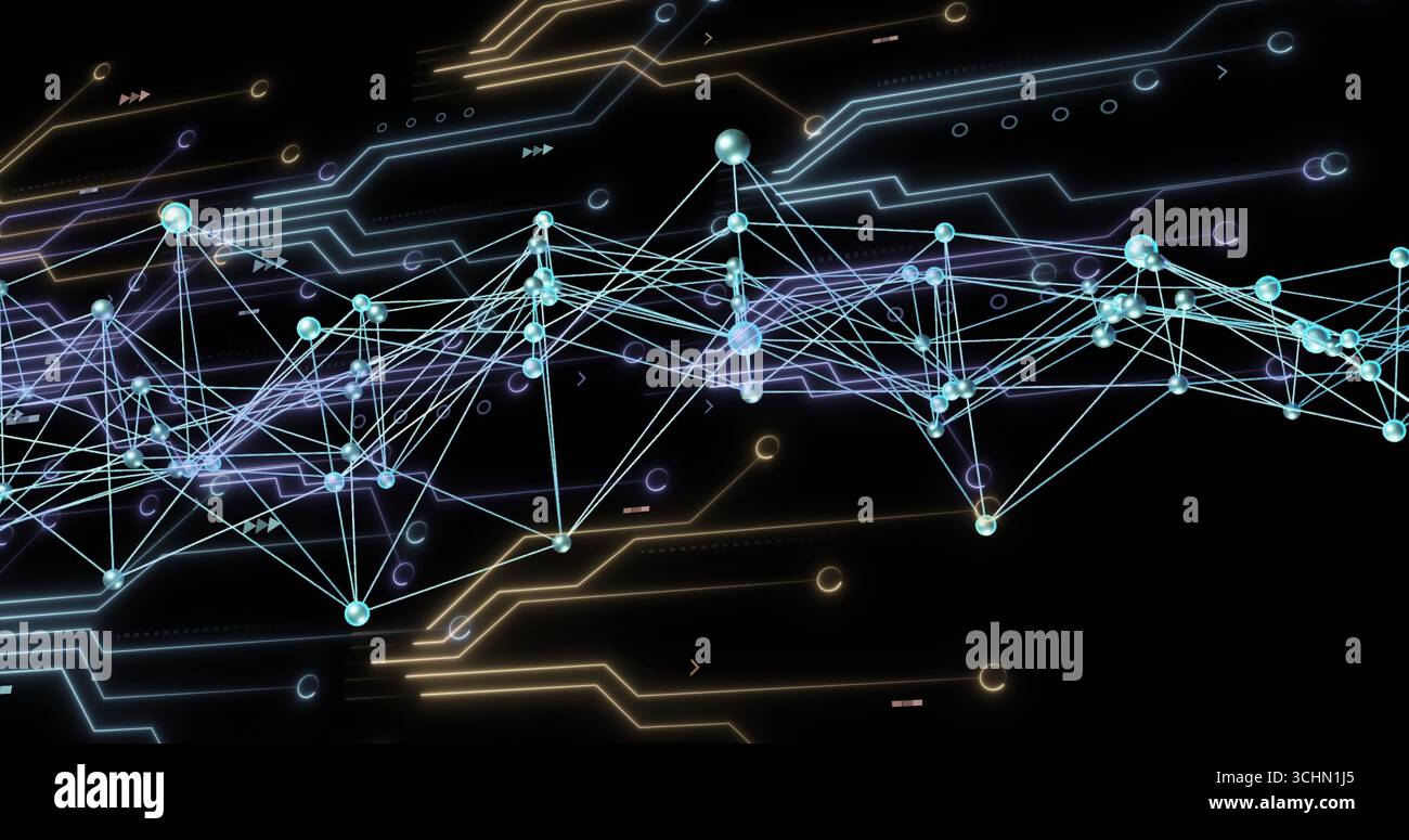 Mesh di rete astratta che collega sfere luminose in schemi di circuiti scuri con linee luminose Foto Stock